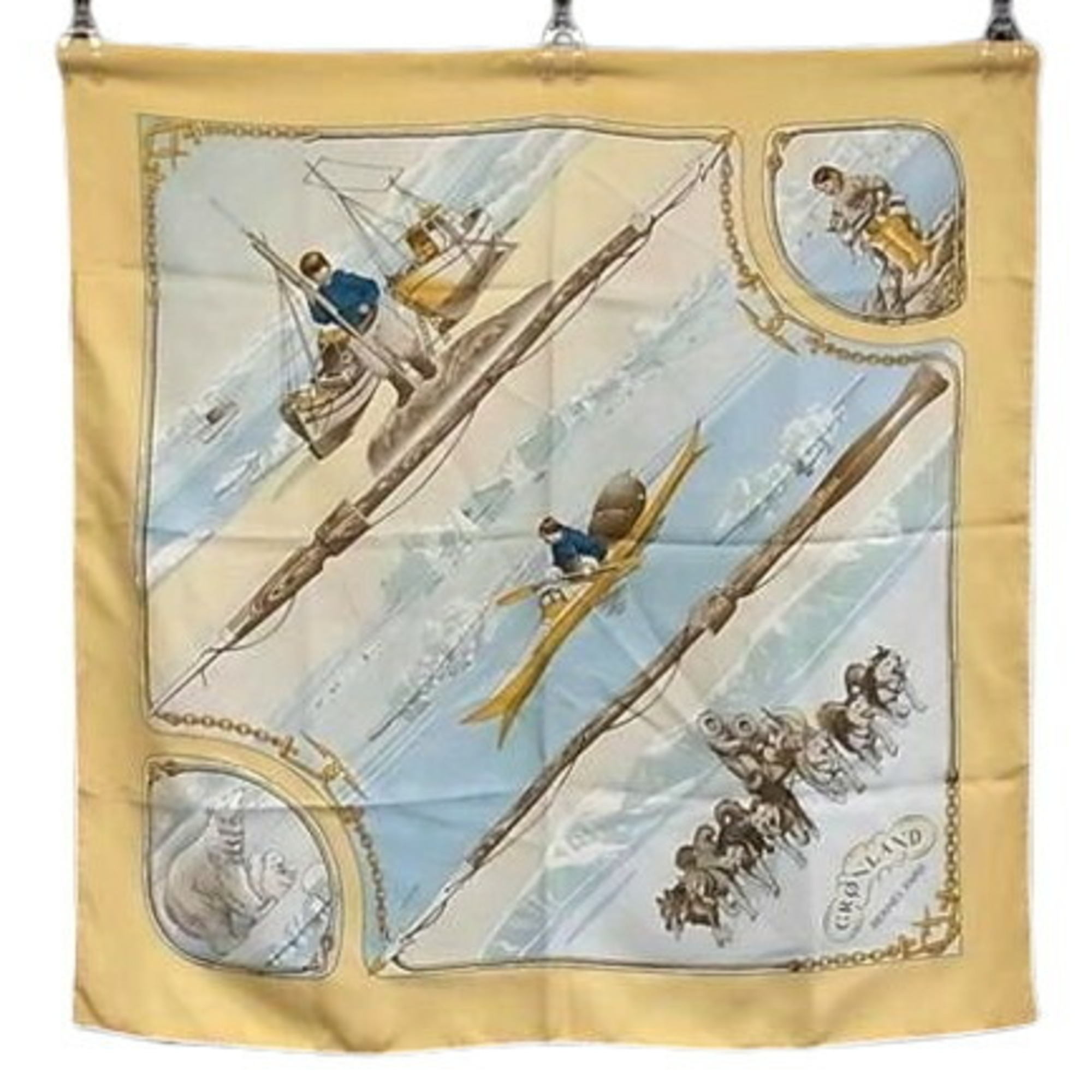 HERMES CarrÃ© 90 GRONLAND Greenland Eskimo Dog Sled Scarf – Beige Multicolor 100% Silk Women’s