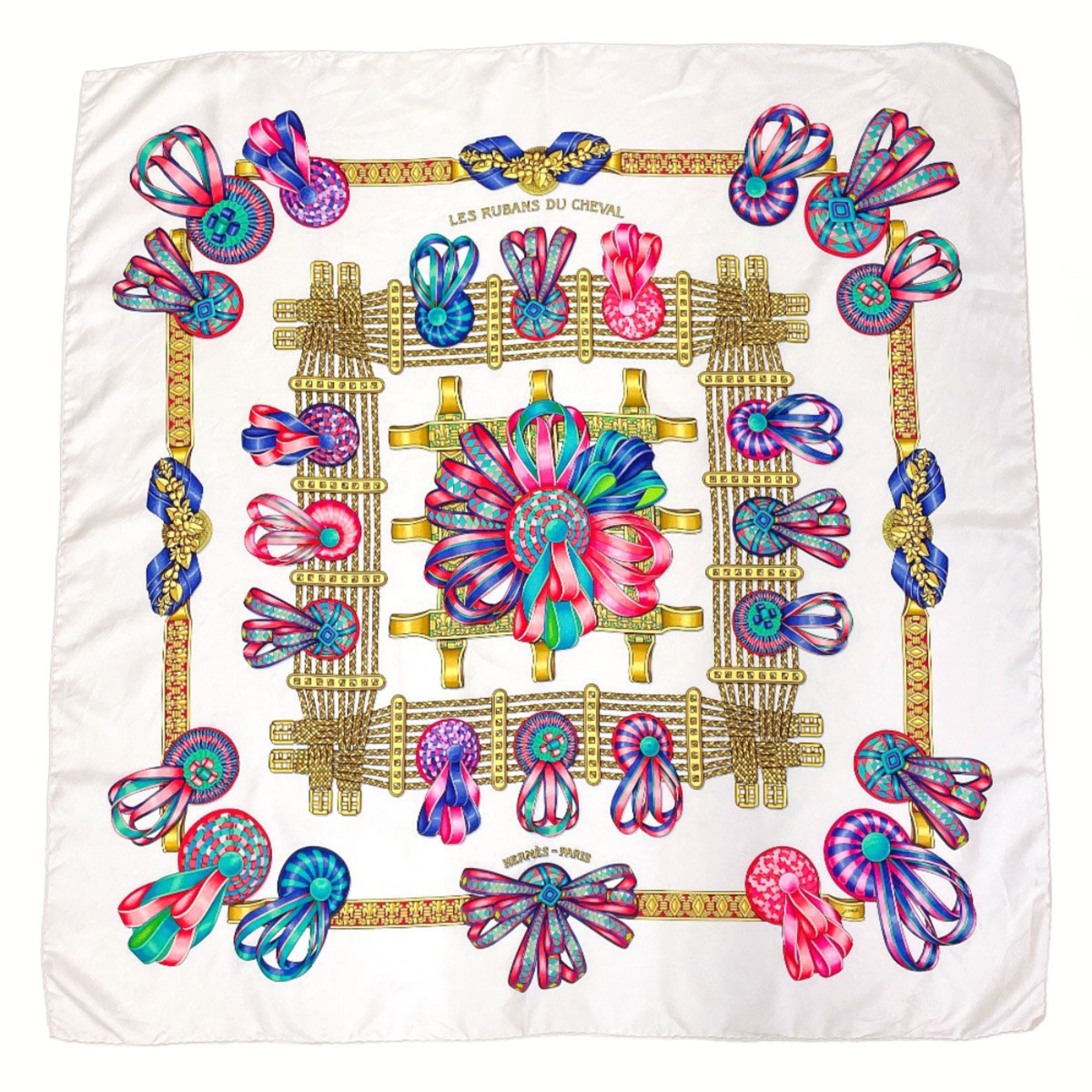 HERMES CarrÃ© 90 “Les Rubans du Cheval” Horse Ribbon Scarf, Silk, White, Women’s, N5027683