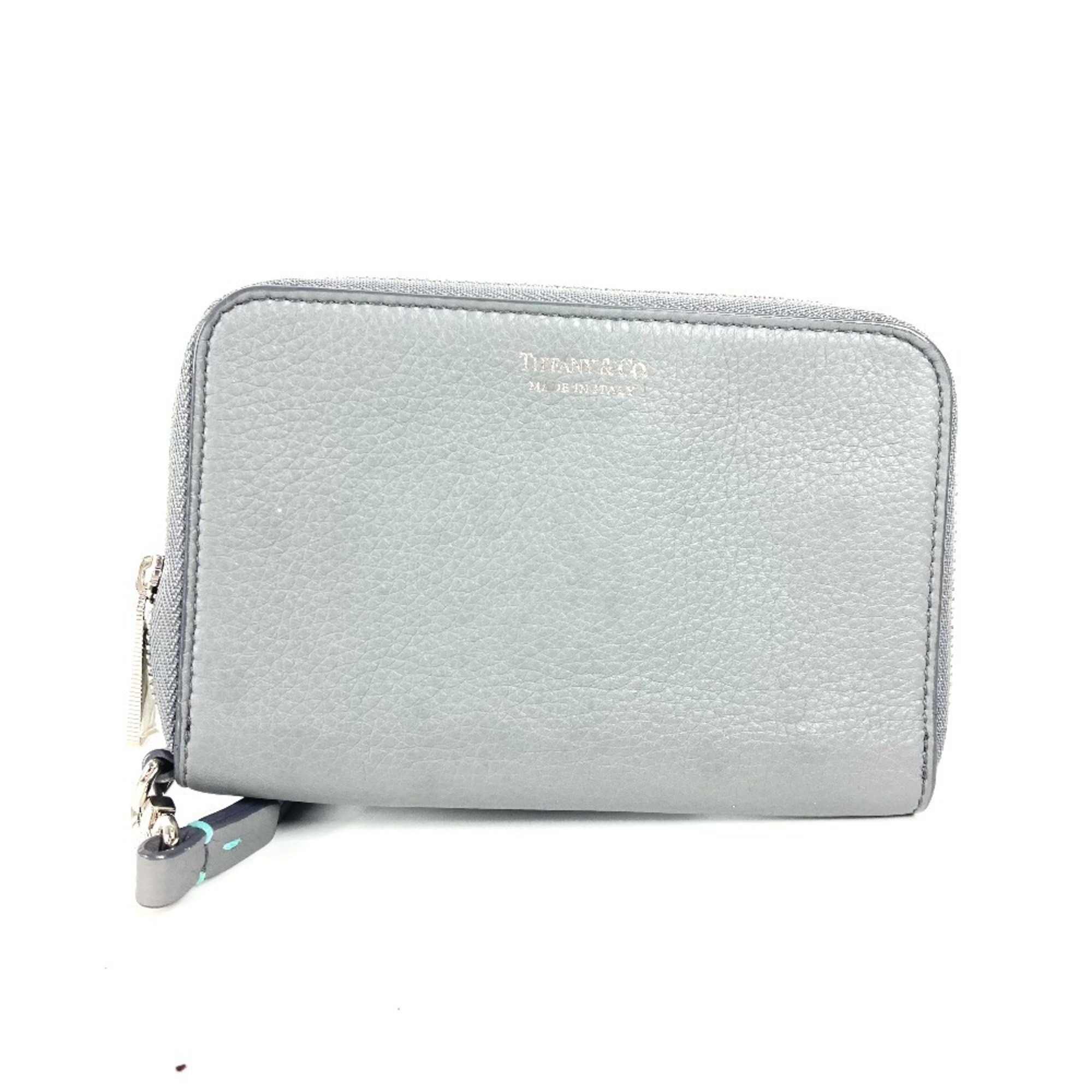 TIFFANY&Co. Tiffany smartphone pouch, business card holder, case, pass logo, round zipper leather, ladies, gray