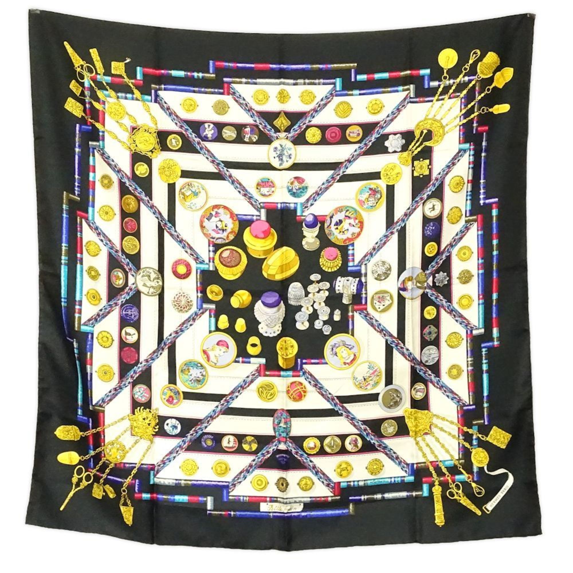 HERMES Scarf/Muffler, CarrÃ© 90, Seamstress, Petite Main, Silk, Black, Multicolor, 181549