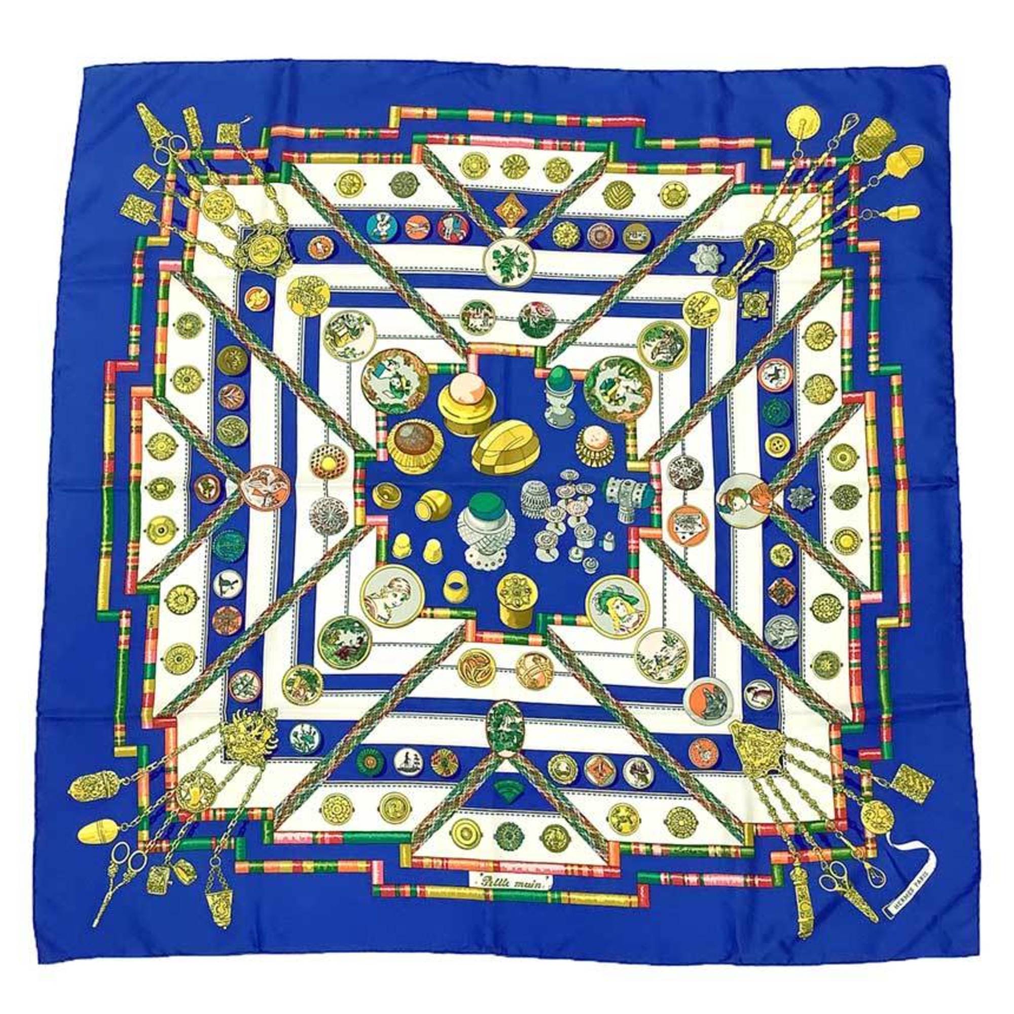 HERMES CarrÃ© 90 Scarf Muffler Petite Main 100% Silk Blue x White