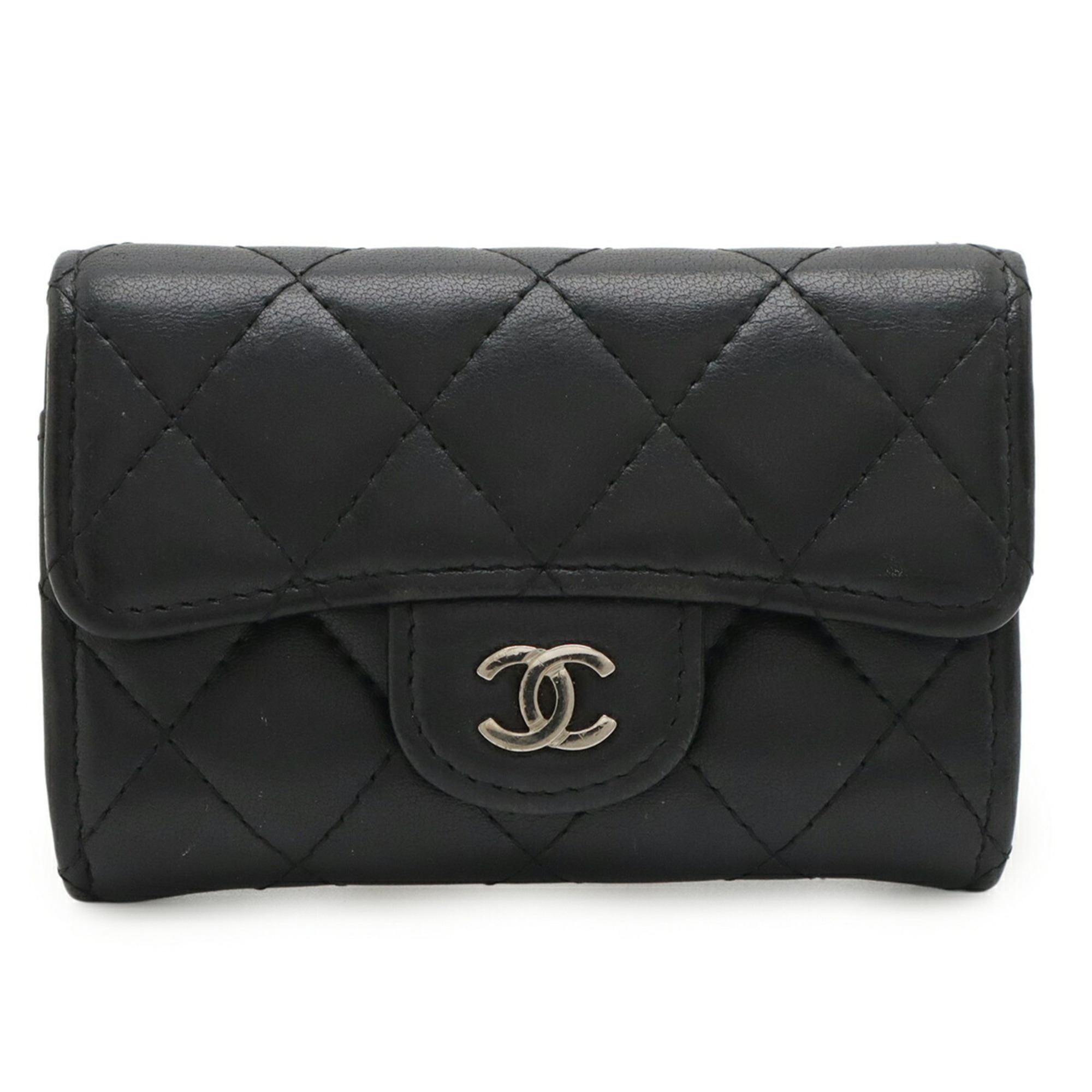 CHANEL Classic Flap Card Case, Matelasse, Coco Mark, Business Holder, Pass Lambskin Leather, Black, AP0214