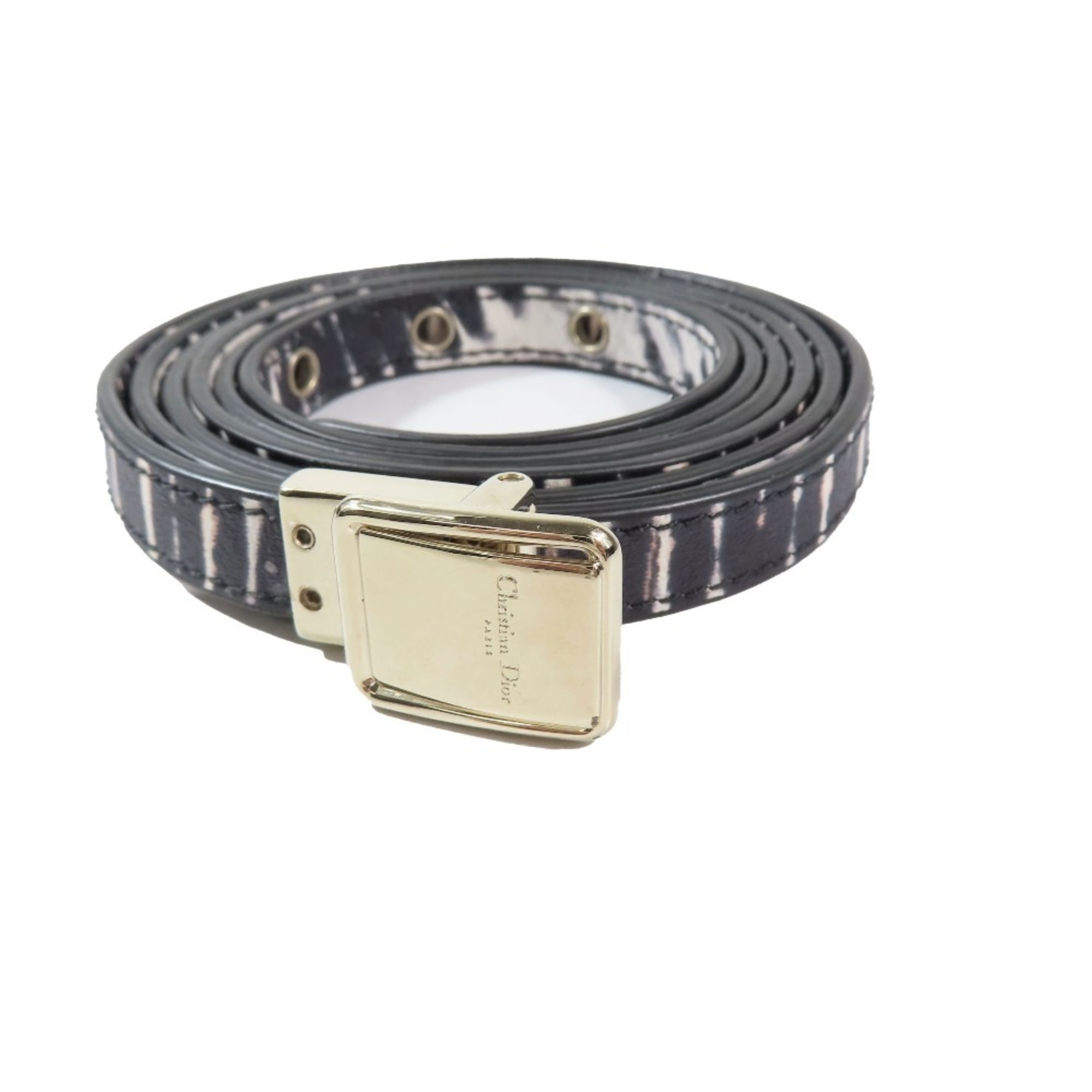 Christian Dior Leather Gold Hardware Logo Buckle Animal Print Narrow Belt All-over Pattern Black White Women’s