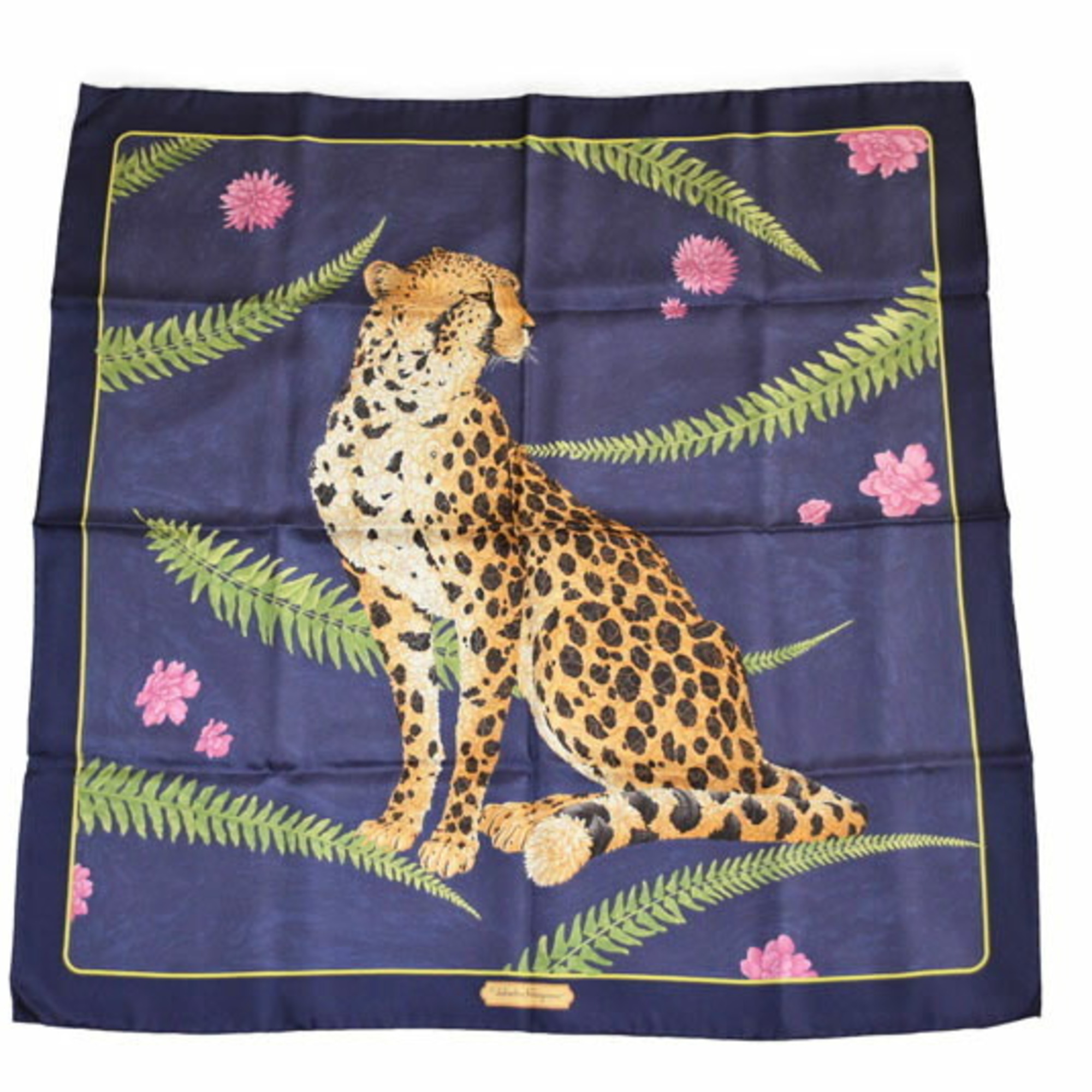 Salvatore Ferragamo scarf/muffler in blue with animal motifs and leopard print.