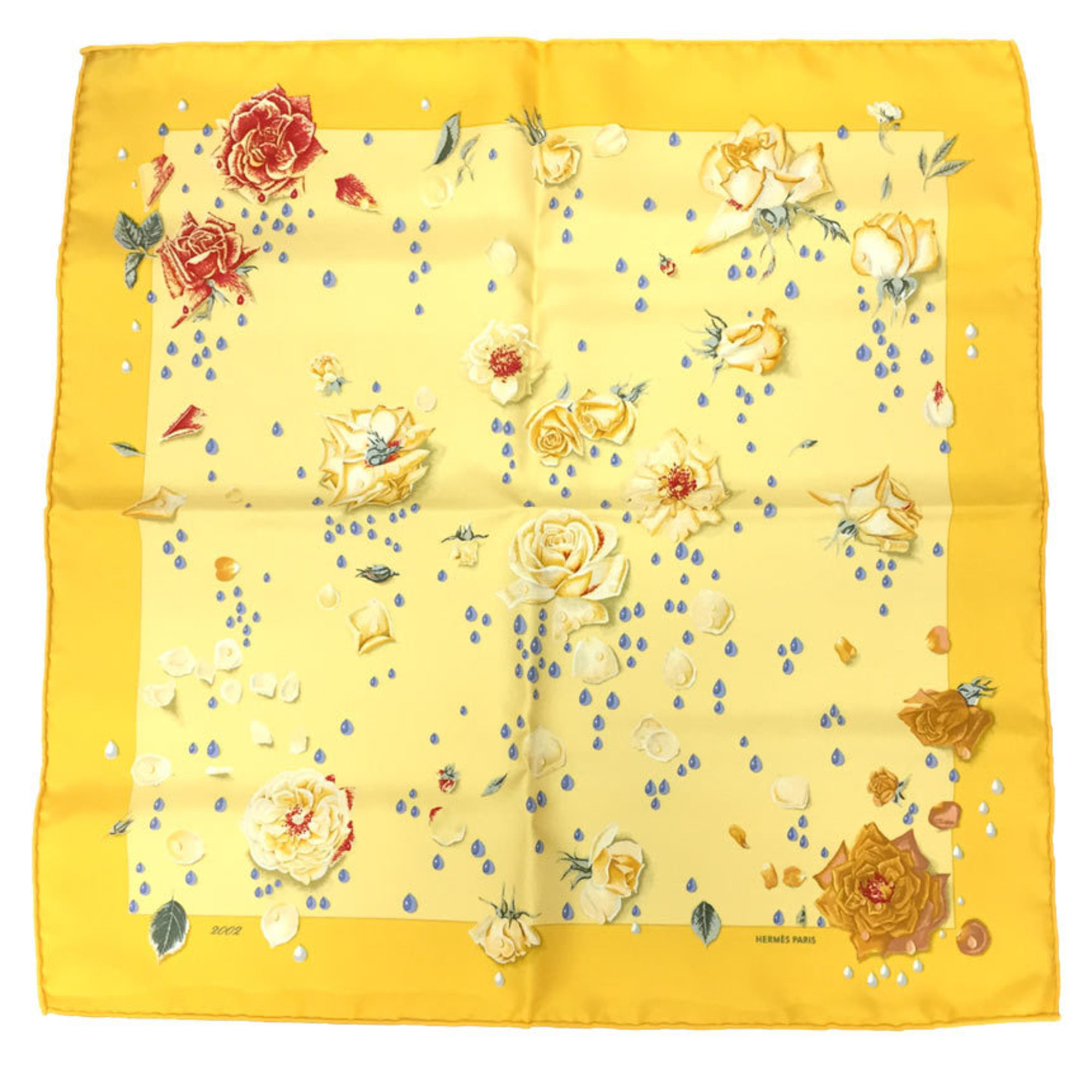 HERMES La Rosse Scarf, CarrÃ© 45, Dewdrop Rose Flower, Silk, Yellow