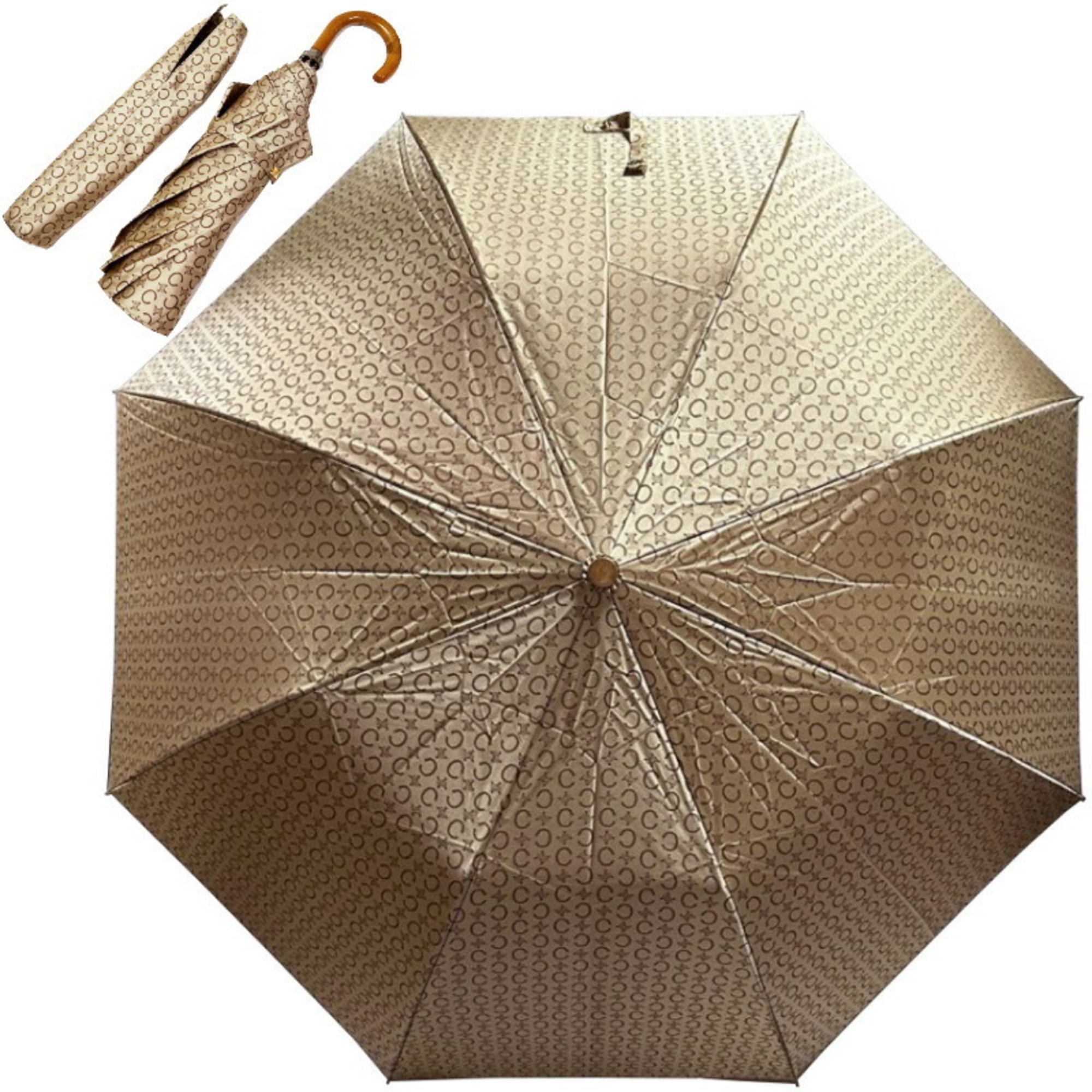 Celine Macadam Folding Umbrella with Cover, Wooden Handle, Gold Brown, Pattern