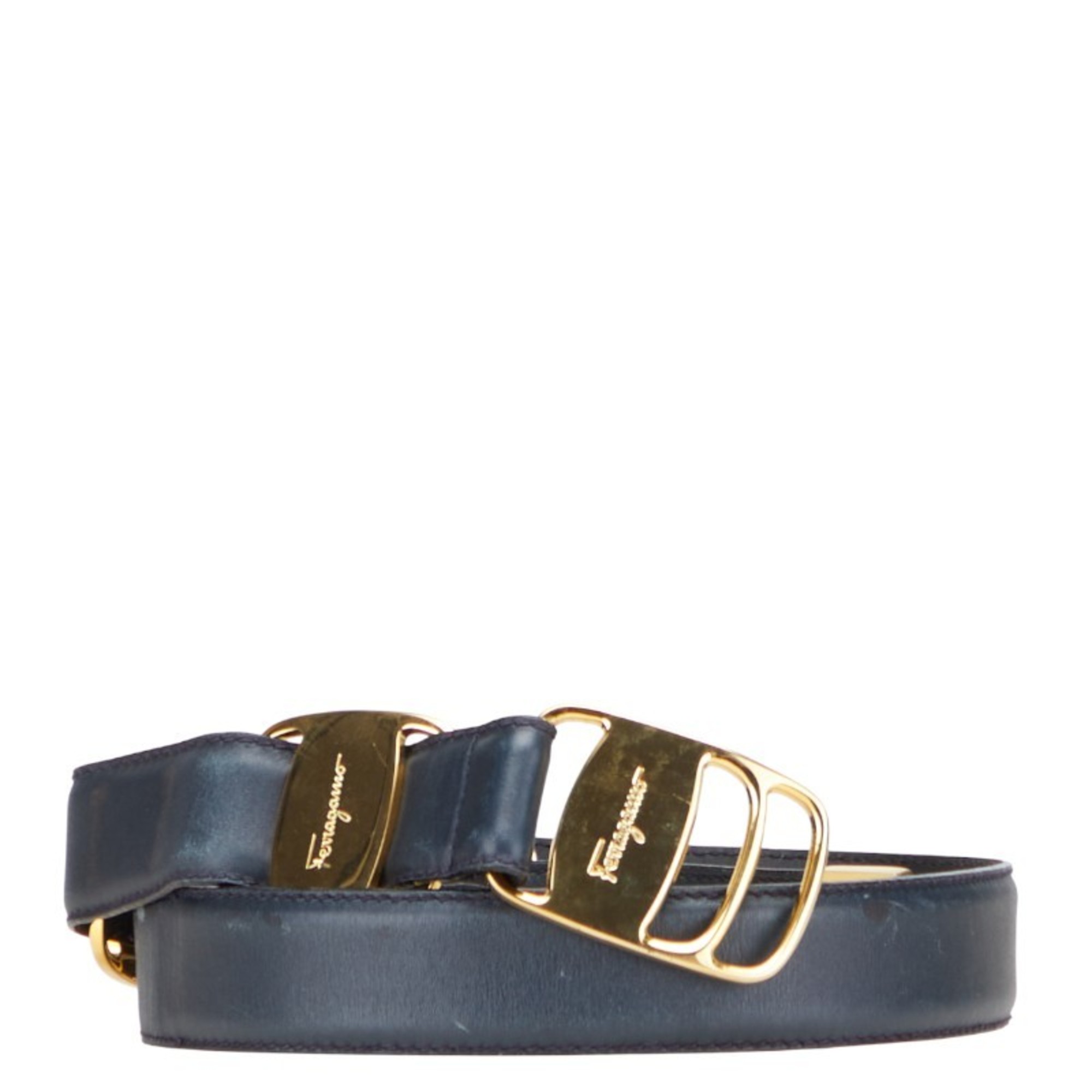 Salvatore Ferragamo Vara Belt in Black and Gold Plated Leather for Women