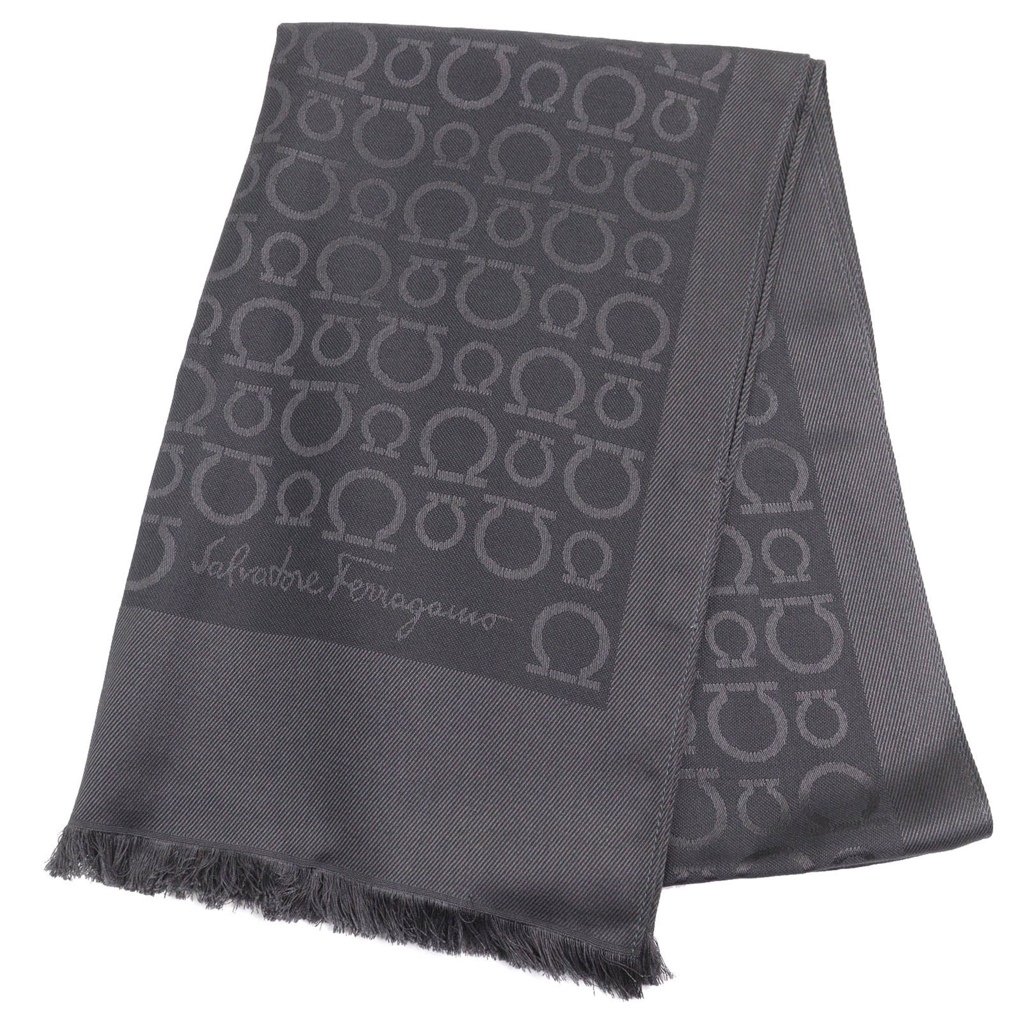 Salvatore Ferragamo Silk Wool Gancini Logo All-Over Print Mini Fringe Shawl/Stole, Dark Gray, Made in Italy, Women’s