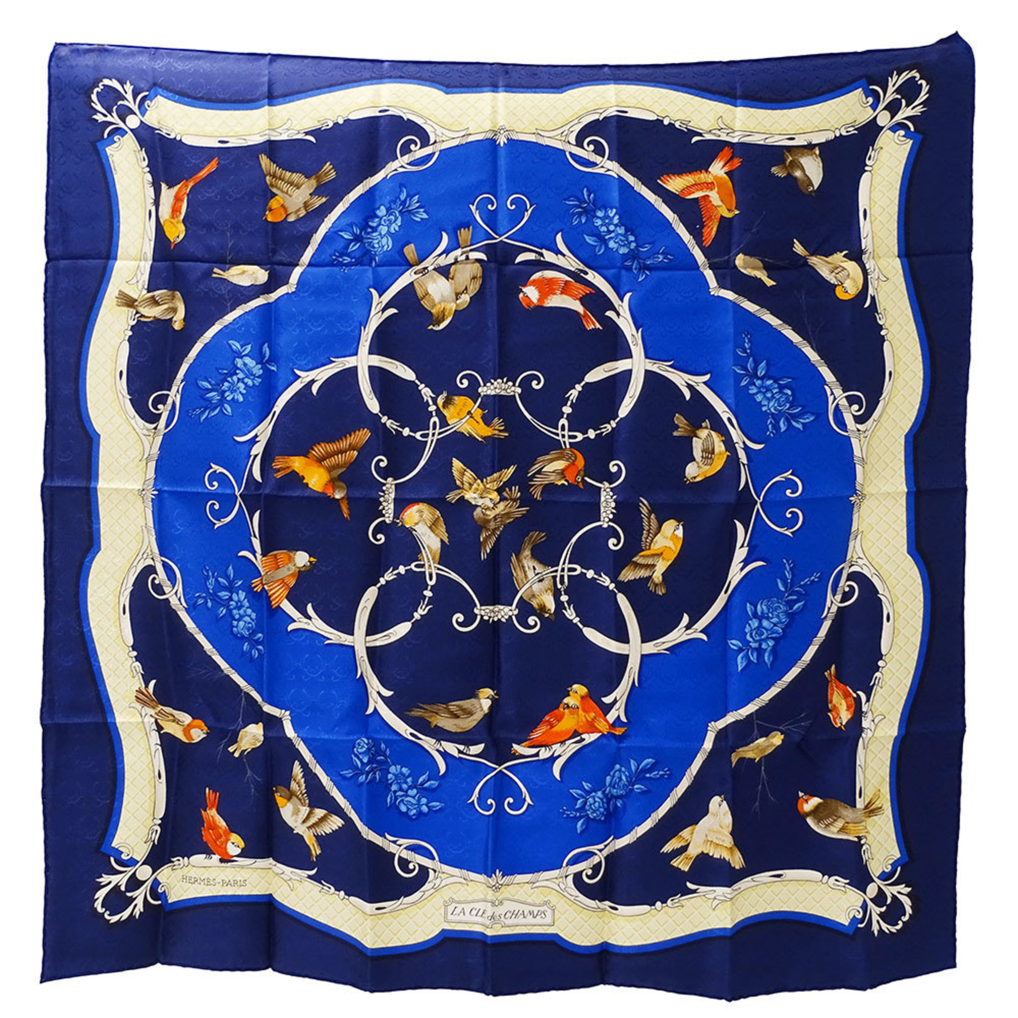 Hermes HermÃ¨s LA CLE des CHAMPS CarrÃ© 90 Scarf, Women’s, Silk, Navy Blue, Large, Bird, Flower Design
