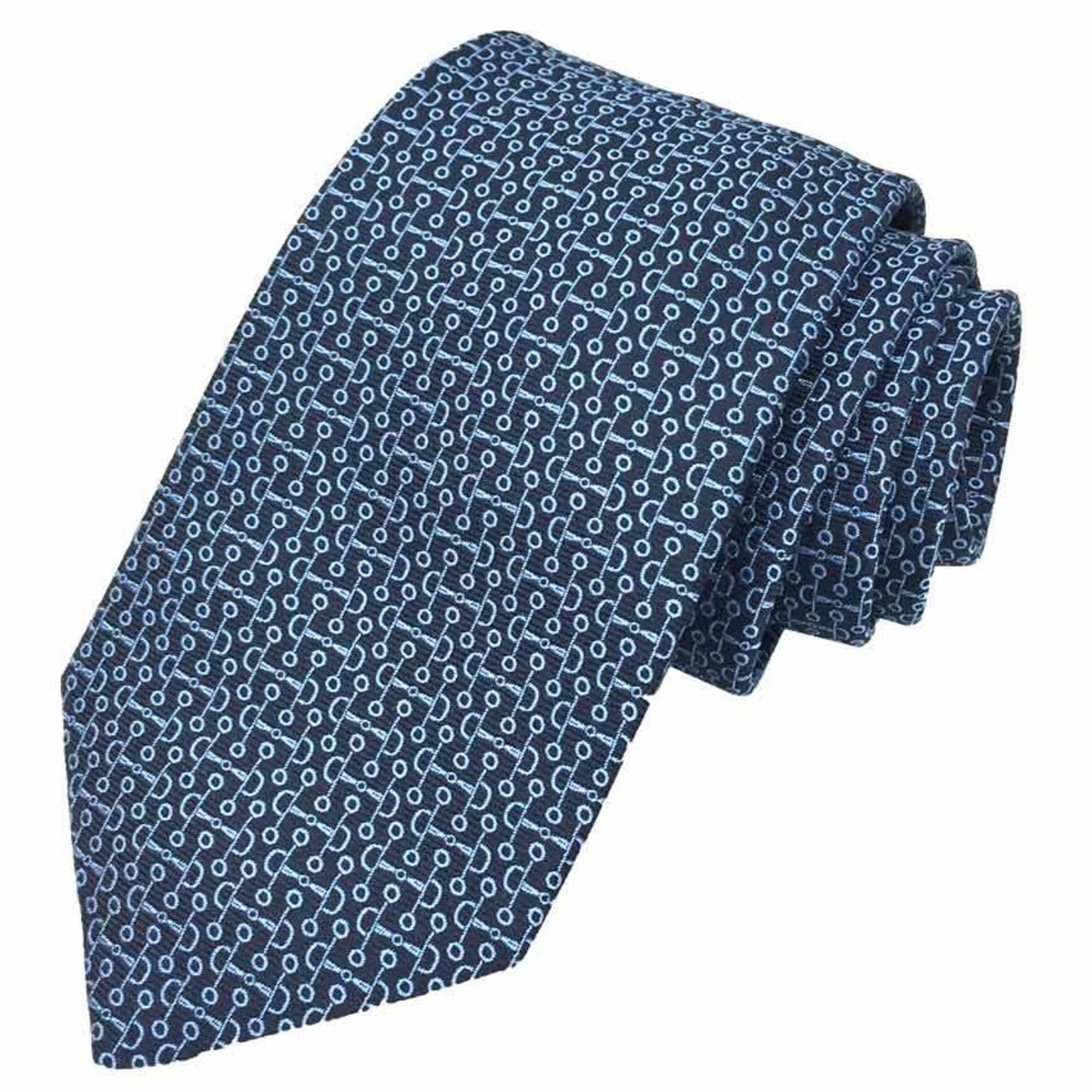 Hermes HERMES Tie SOIE LOURDE 7CM DOUBLE BAUCHER 336056T 02 MARINE/CIEL Navy Silk Jacquard Weave Saddlery Pattern Men’s