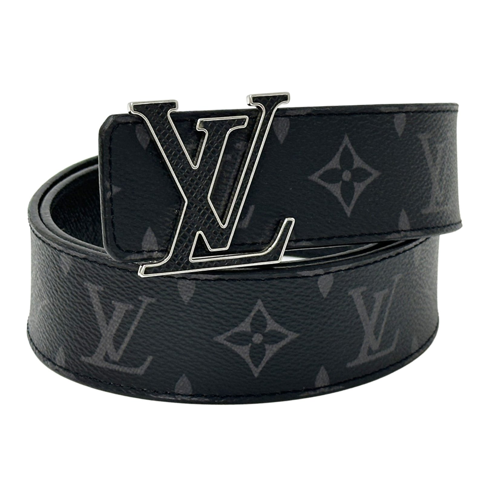 Louis Vuitton Monogram Eclipse Men’s Belt with LV Initials, 40mm, Black/Gray, M0157, Reversible