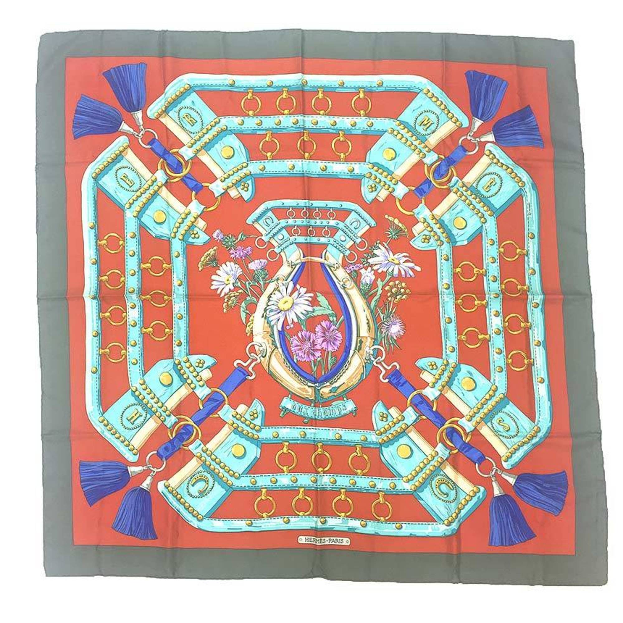 HERMES CarrÃ© 90 Scarf Muffler AUX CHAMPS Field He Gray x Terracotta 100% Silk aq11591
