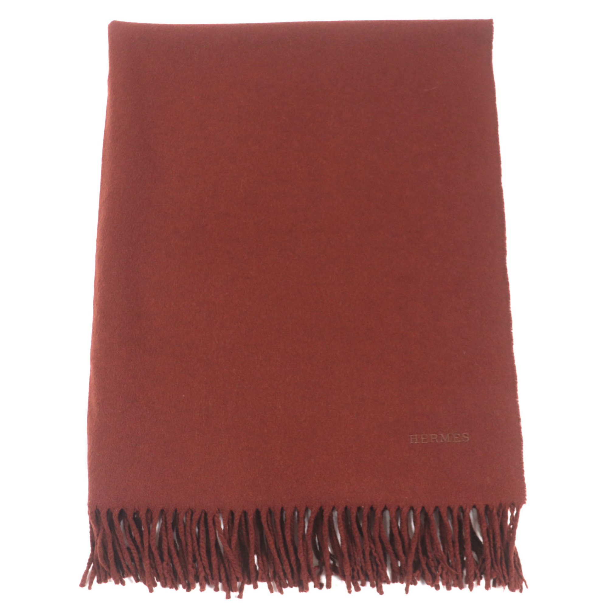 HERMES Men’s 100% Cashmere Scarf with Fringe and Embroidered Logo, Red-Brown, Made in Scotland