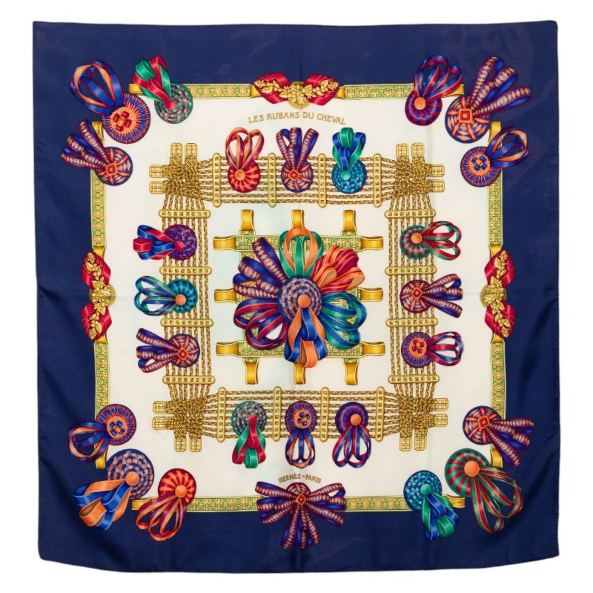 Hermes HermÃ¨s CarrÃ© 90 “Les Rubans du Cheval” Horse Ribbon Scarf, Navy and Multicolor Silk, Women’s