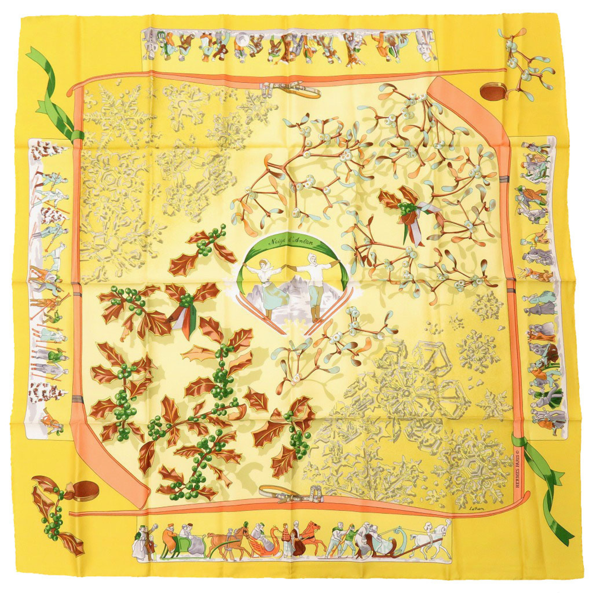 Hermes Carre 90 Neige d’Antan Last Year’s Snow Silk Yellow Scarf Muffler 1624HERMES