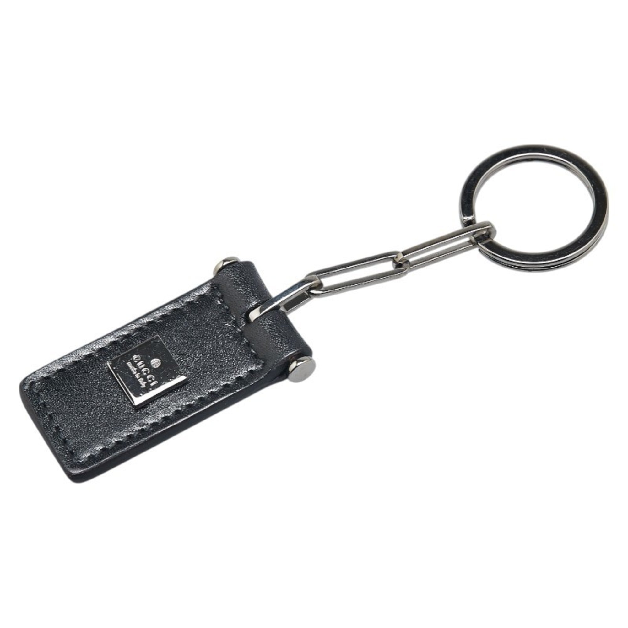 Gucci bag charm keychain in black with silver hardware and leather. Women’s. GUCCI