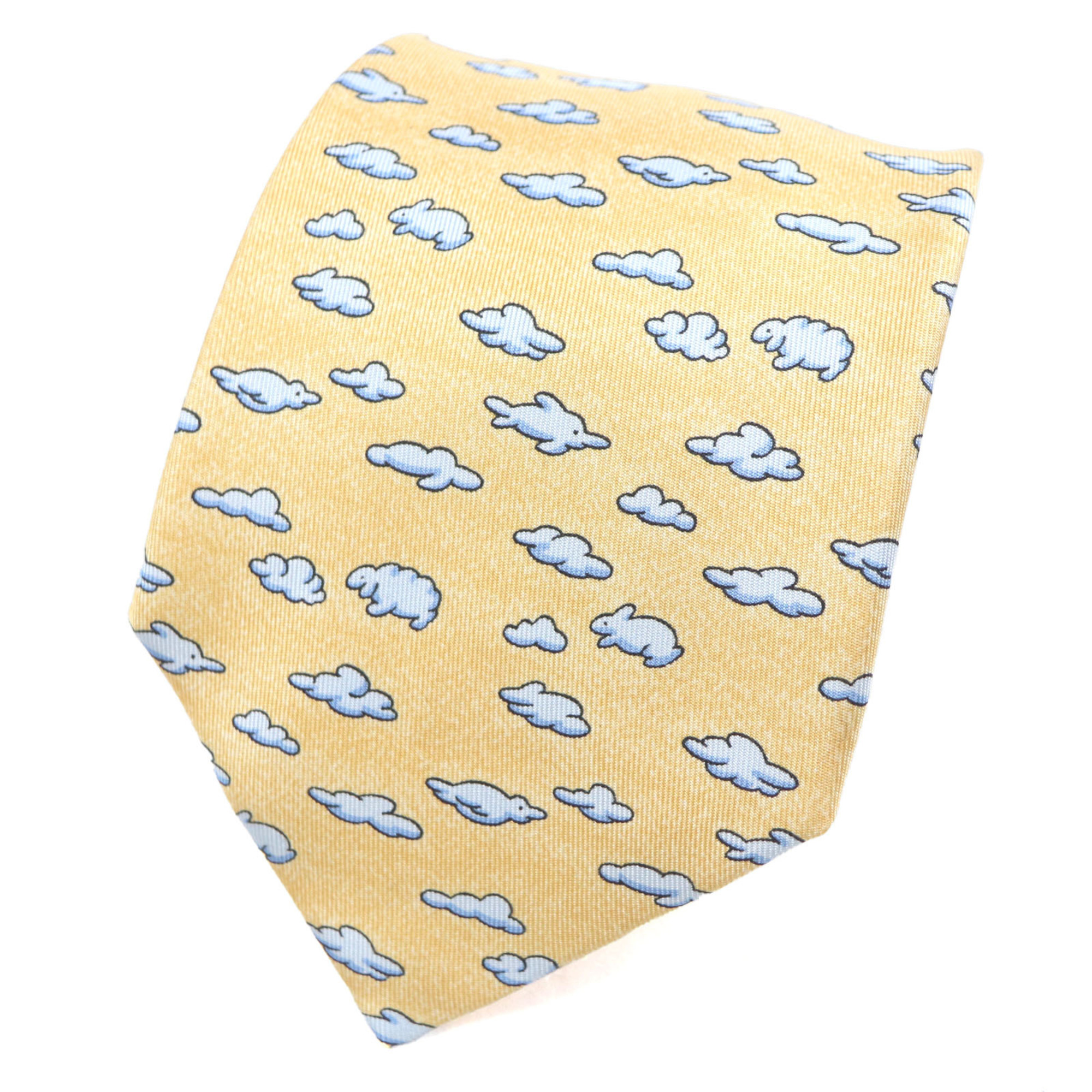 HERMES 100% Silk Necktie with Cloud and Animal Print, Orange Blue, Made in France, Men’s, Business Recommended