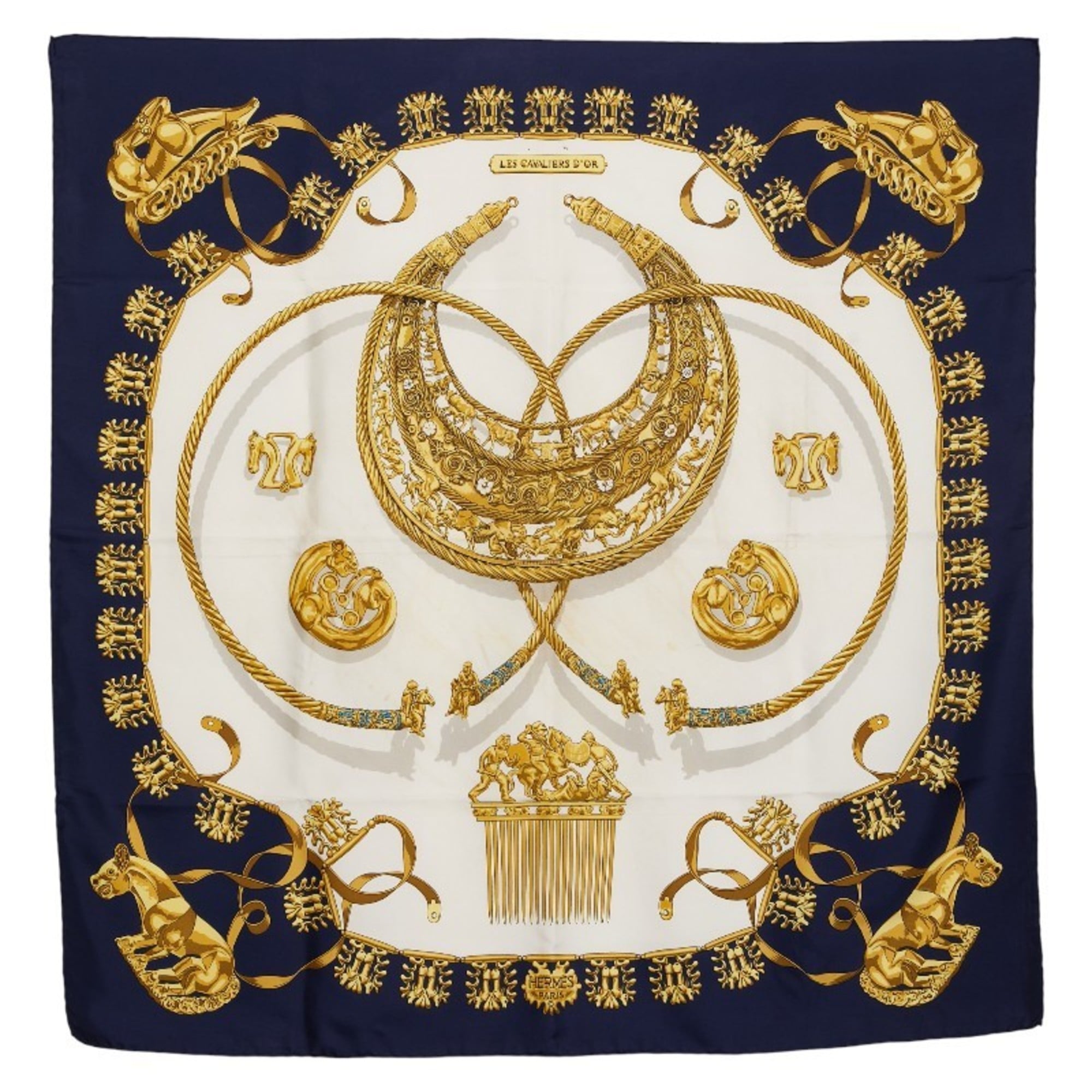Hermes HermÃ¨s CarrÃ© 90 “Les Cavaliers D’Or” Golden Knights Scarf, Navy Blue and Multicolor Silk, Women’s