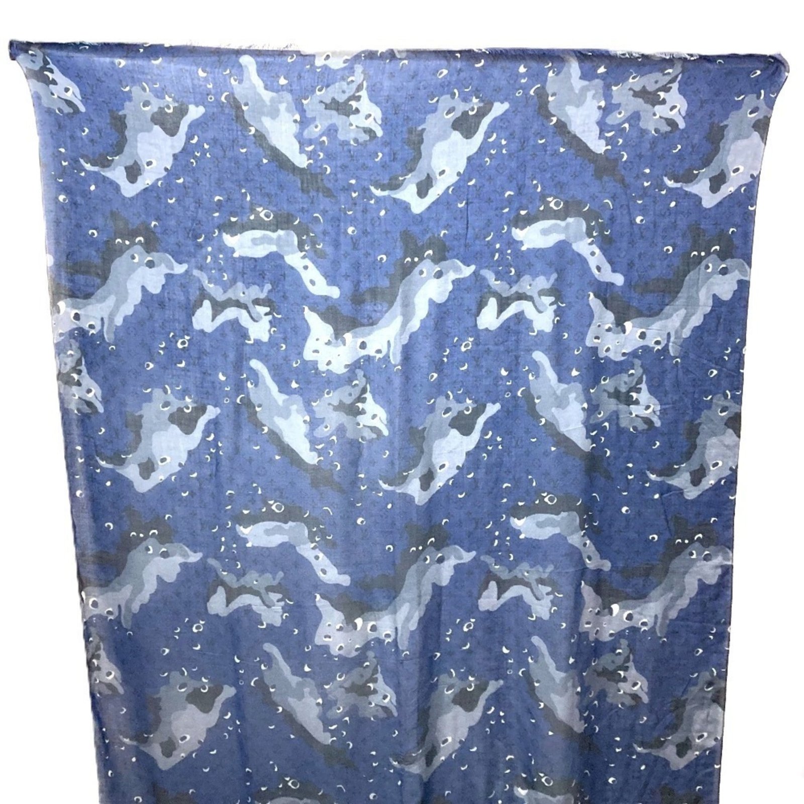 LOUIS VUITTON MP2546 Monogram Camouflage Stole Shawl Fringe Scarf Large Cashmere Silk Men’s Women’s Blue