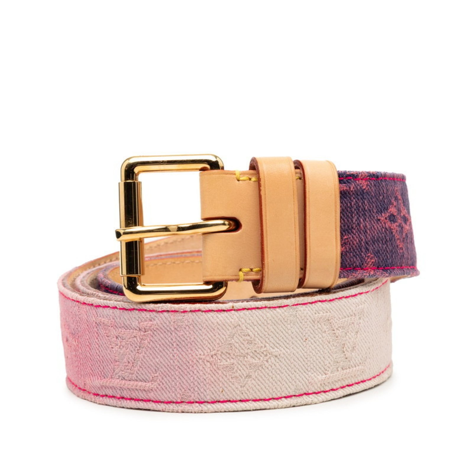 Louis Vuitton Monogram Denim Santur Sunshine Belt, Size 80/32, M9852, Pink Multicolor Leather, Men’s, LOUIS VUITTON