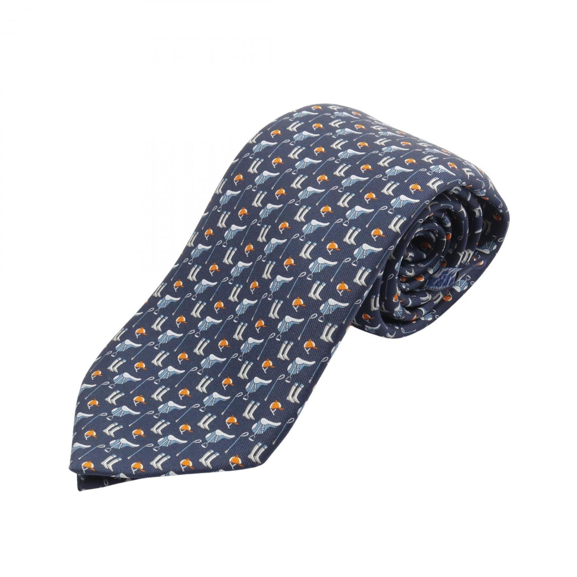 Hermes HermÃ¨s TENUE DE JOCKEY silk tie for men, available in navy and orange.