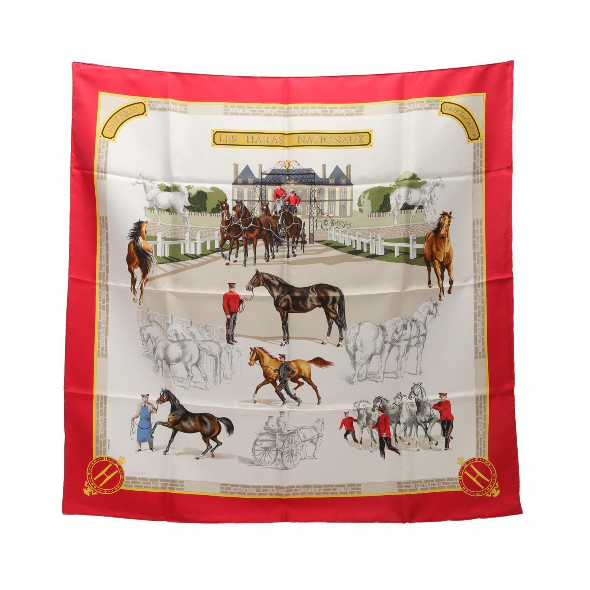 HermÃ¨s HERMES CarrÃ© 90 LES HARAS NATIONAUX Silk Scarf for Women, White/Red/Multicolor