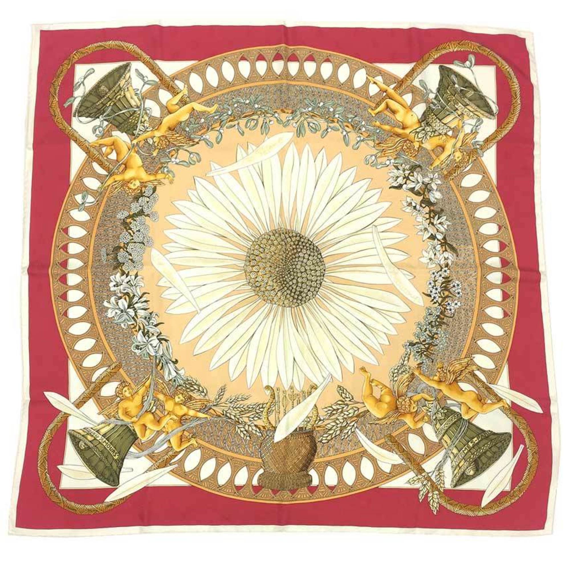 HERMES CarrÃ© 90 Scarf/Muffler AMOURS (Love/Amore) Red and Cream Flower Daisy 100% Silk