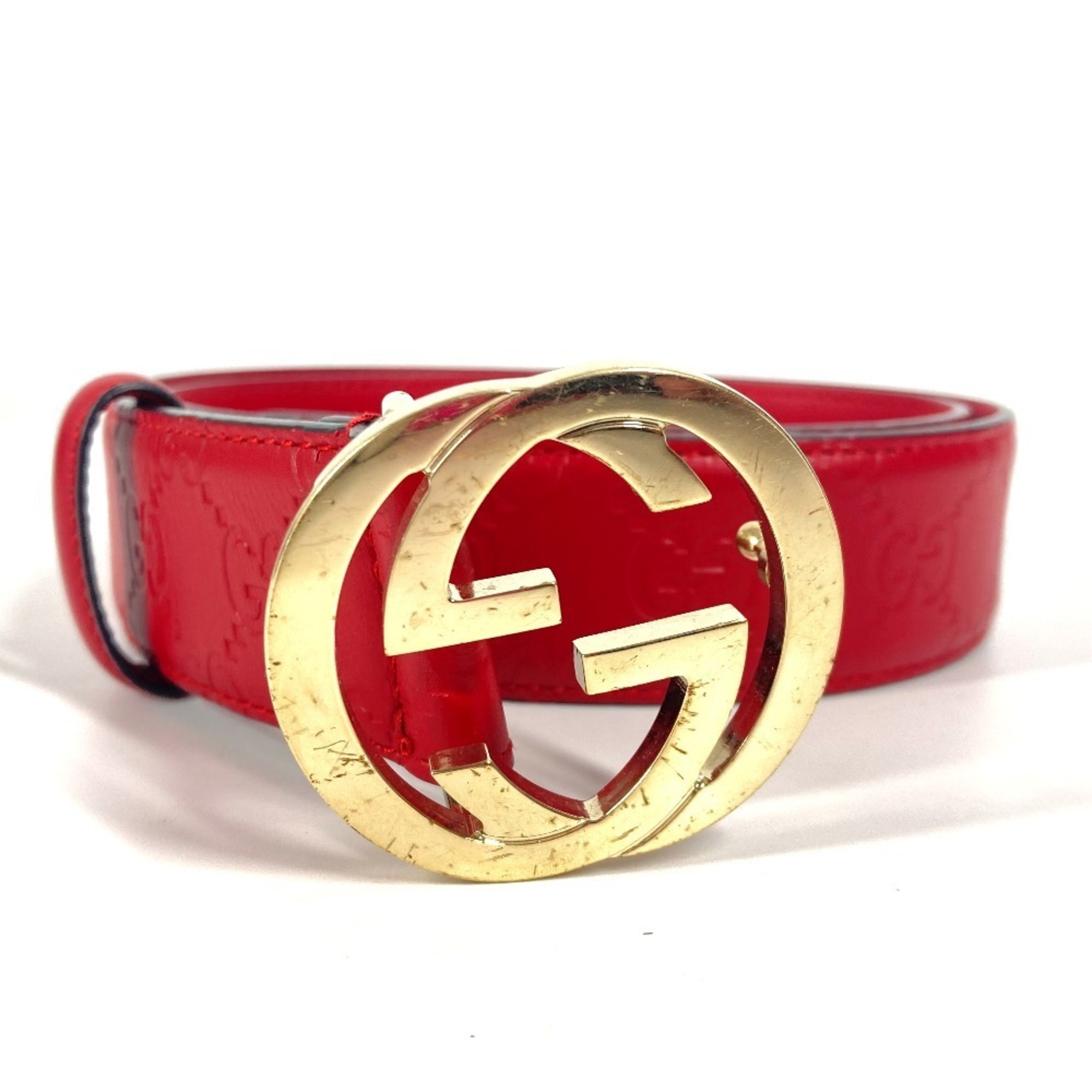 GUCCI 370543 Guccissima GG Buckle Accessory Double G Belt in Shimmering Leather, Women’s, Red
