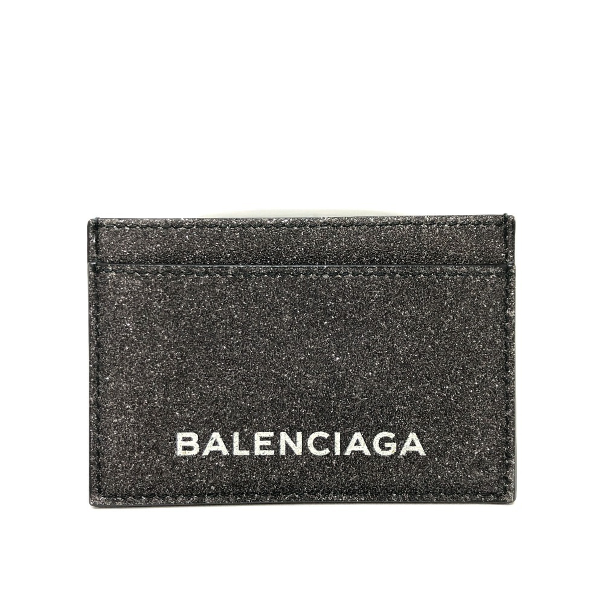 BALENCIAGA 392126 Logo Glitter Pass Case/Card Holder/Business Card Case Leather Women’s Gray Like New