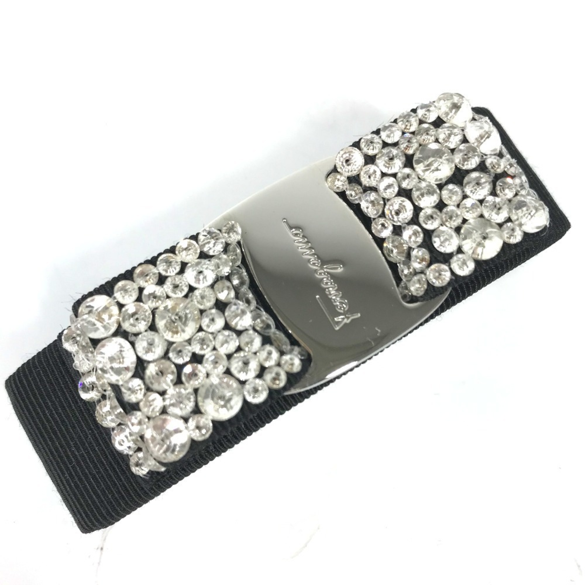Salvatore Ferragamo logo Vara ribbon and rhinestone hair accessory, nylon barrette, black, like new, for women.