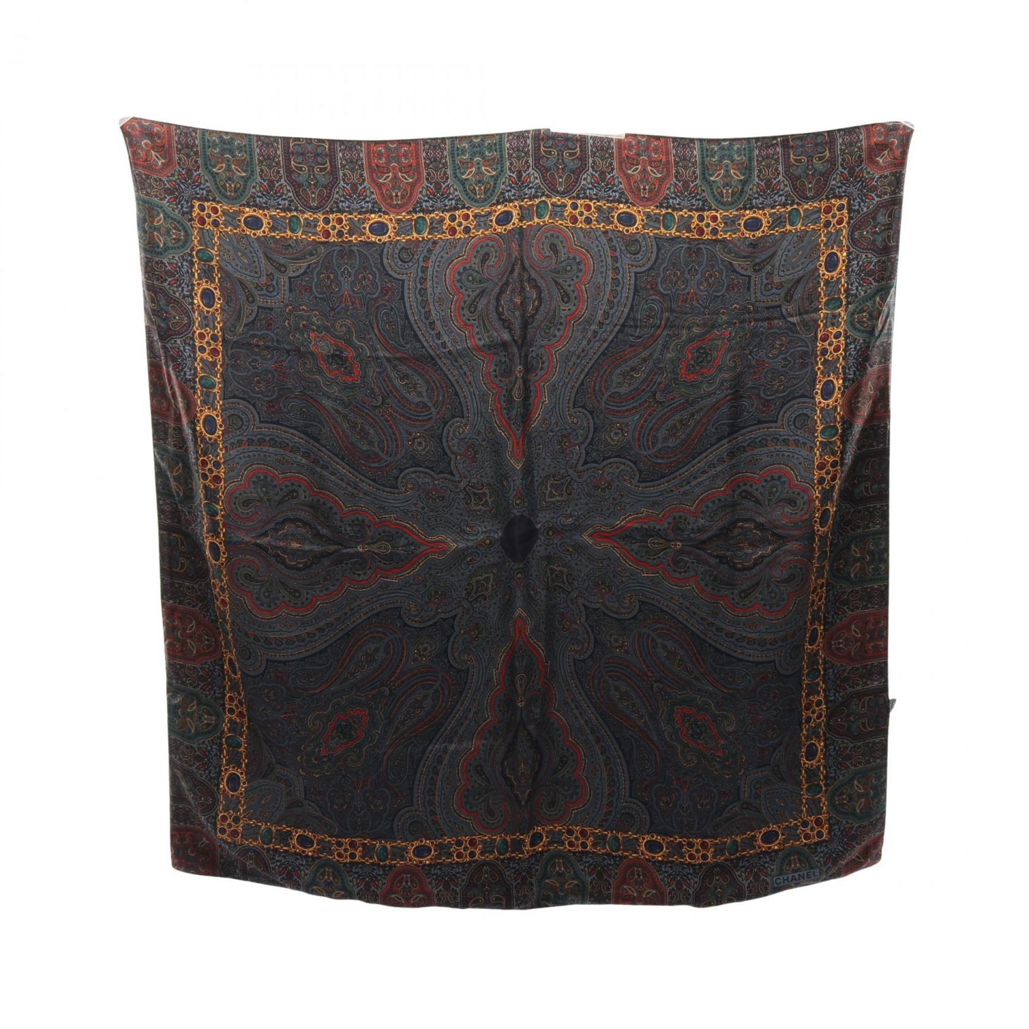 CHANEL Scarf, Silk and Wool, Women’s, Navy, Multicolor