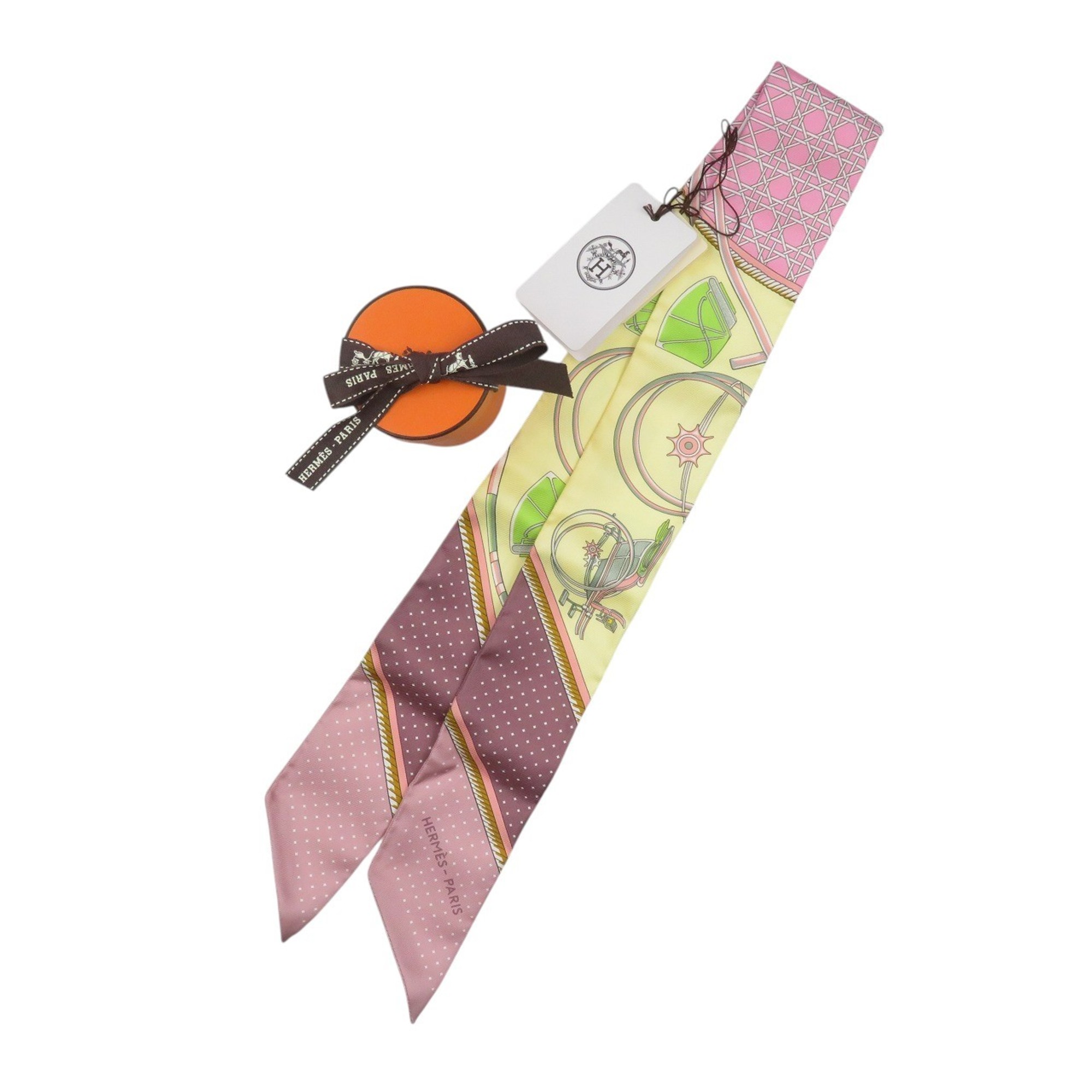 Like new HermÃ¨s Twilly Folding Canopy Carriage Silk Jaune SoufflÃ© Scarf Muffler in Yellow and Pink 0928HERMES