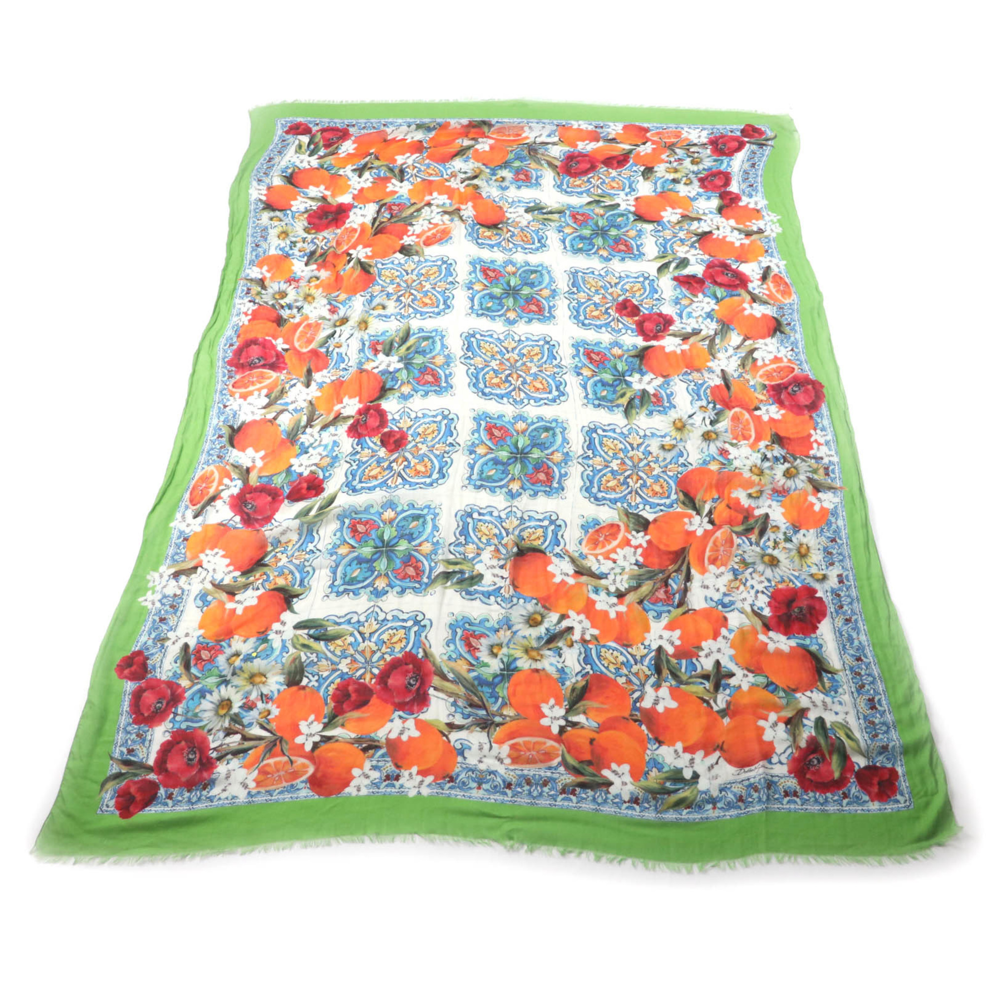 DOLCE & GABBANA Women’s Cashmere Blend Shawl with Fringe and Logo, Flower Fruit Design, Multicolor, Made in Italy