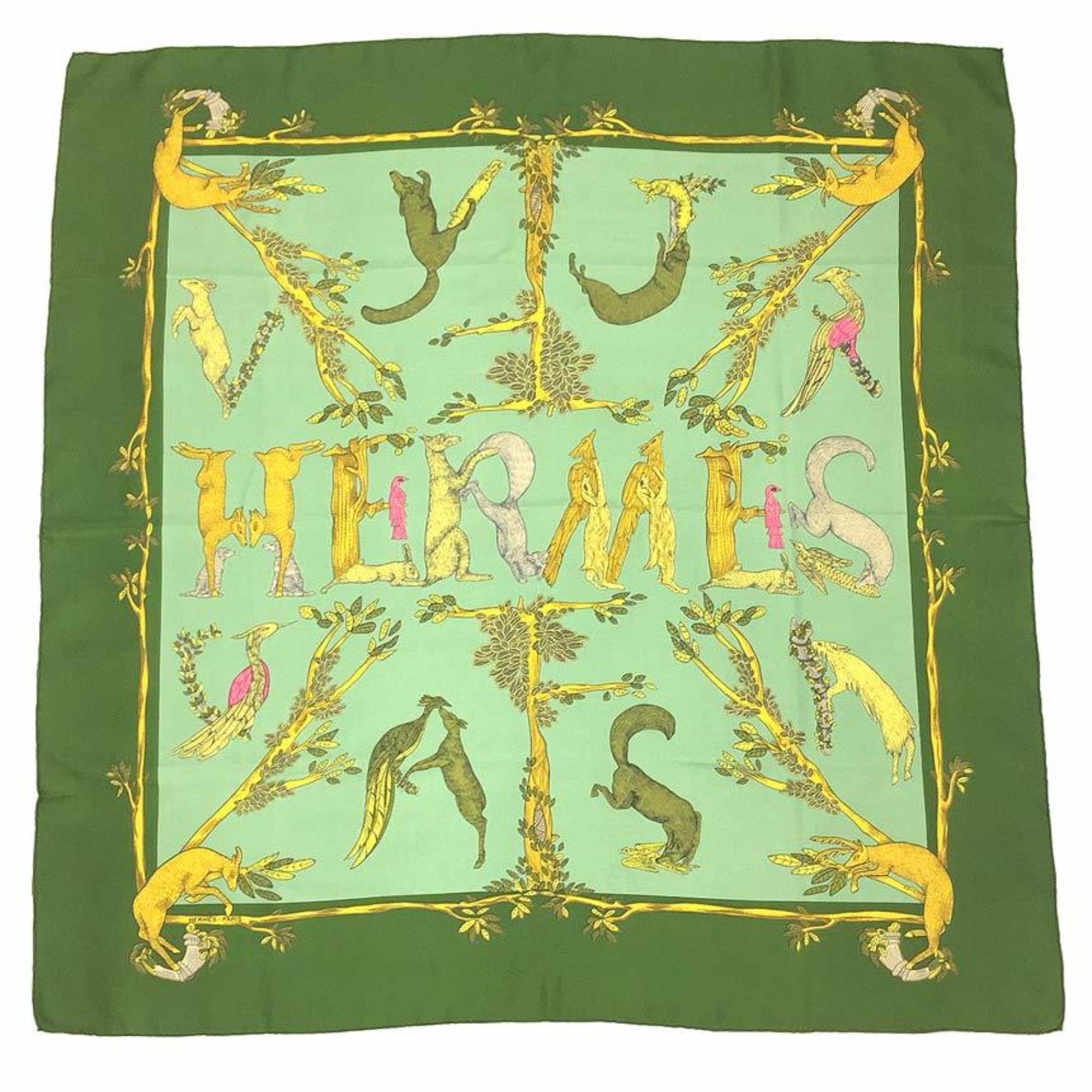 HERMES Hermes Carre 90 Scarf Muffler ANIMAL ALPHABET Animal Alphabet Forest Animals Khaki Green