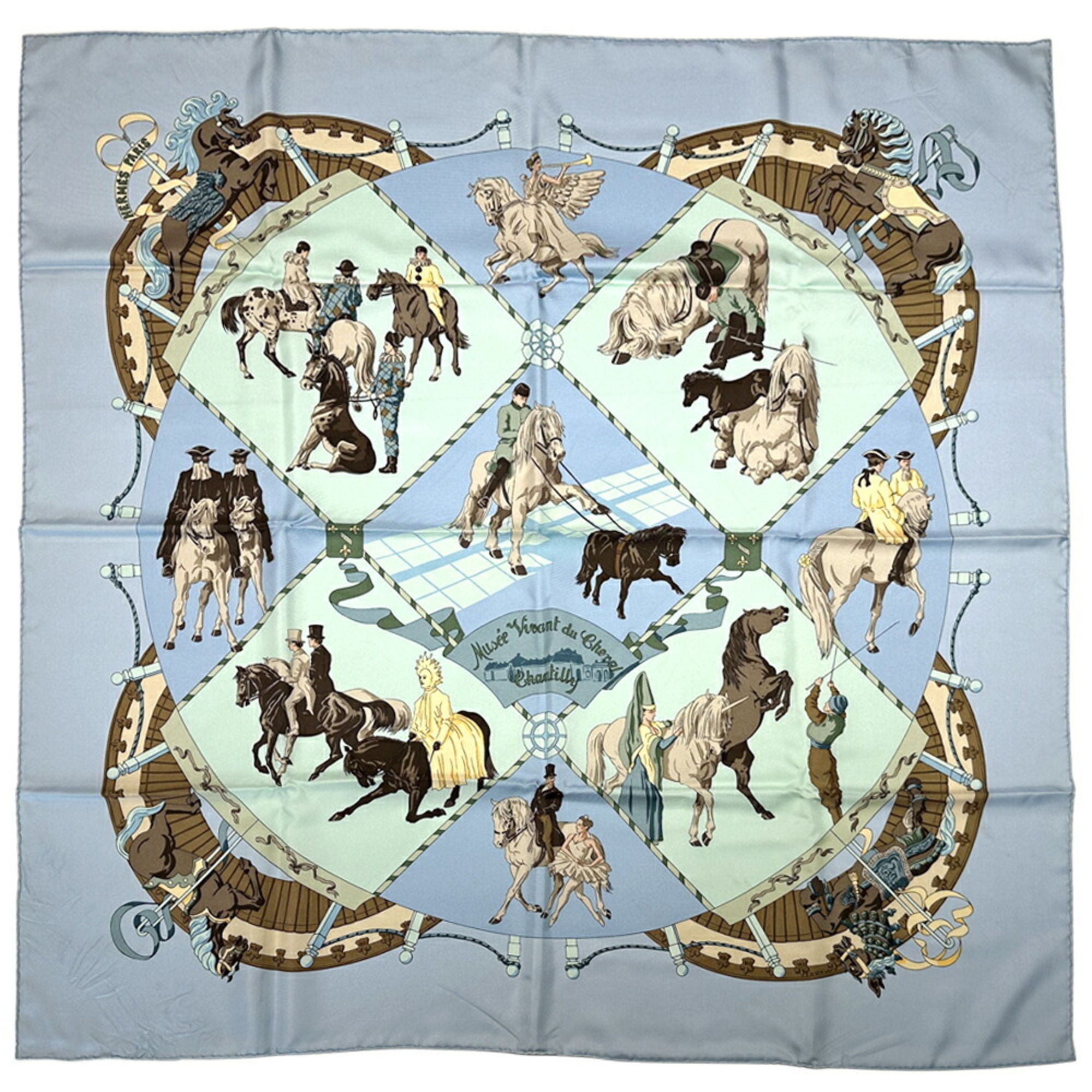 Hermes HermÃ¨s CarrÃ© 90 Scarf, Musee Vivant du Cheval Chantilly, Horse Museum, Women’s, Silk, Light Blue, Multicolor, Horse, Animal