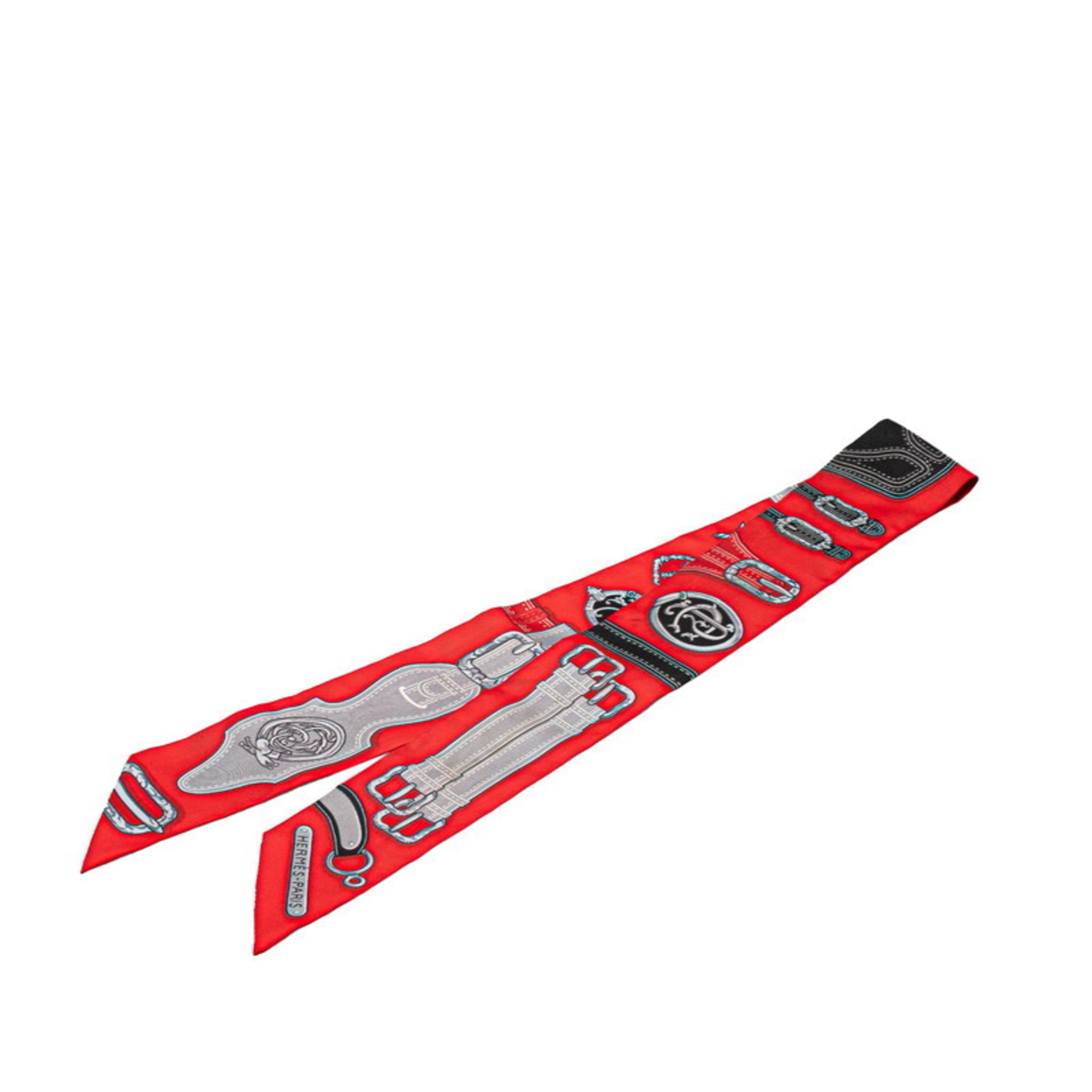 HermÃ¨s Twilly HARNAIS DES PRESIDENTS Presidential Horse Harness Scarf Muffler Orange Red Gray Silk Women’s HERMES