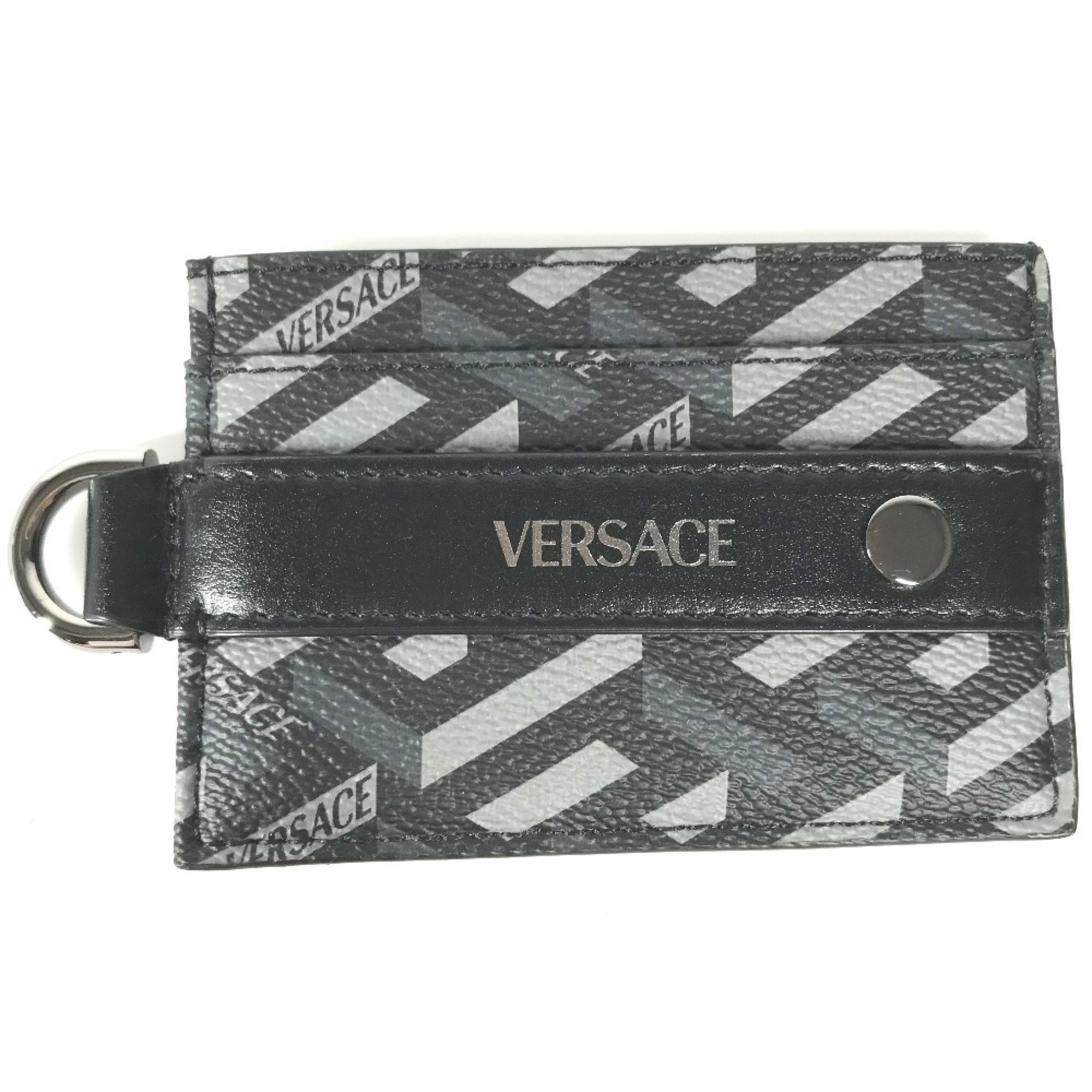 VERSACE Men’s Black Leather Business Card Holder with D-Ring and Logo, Pass Case, Case