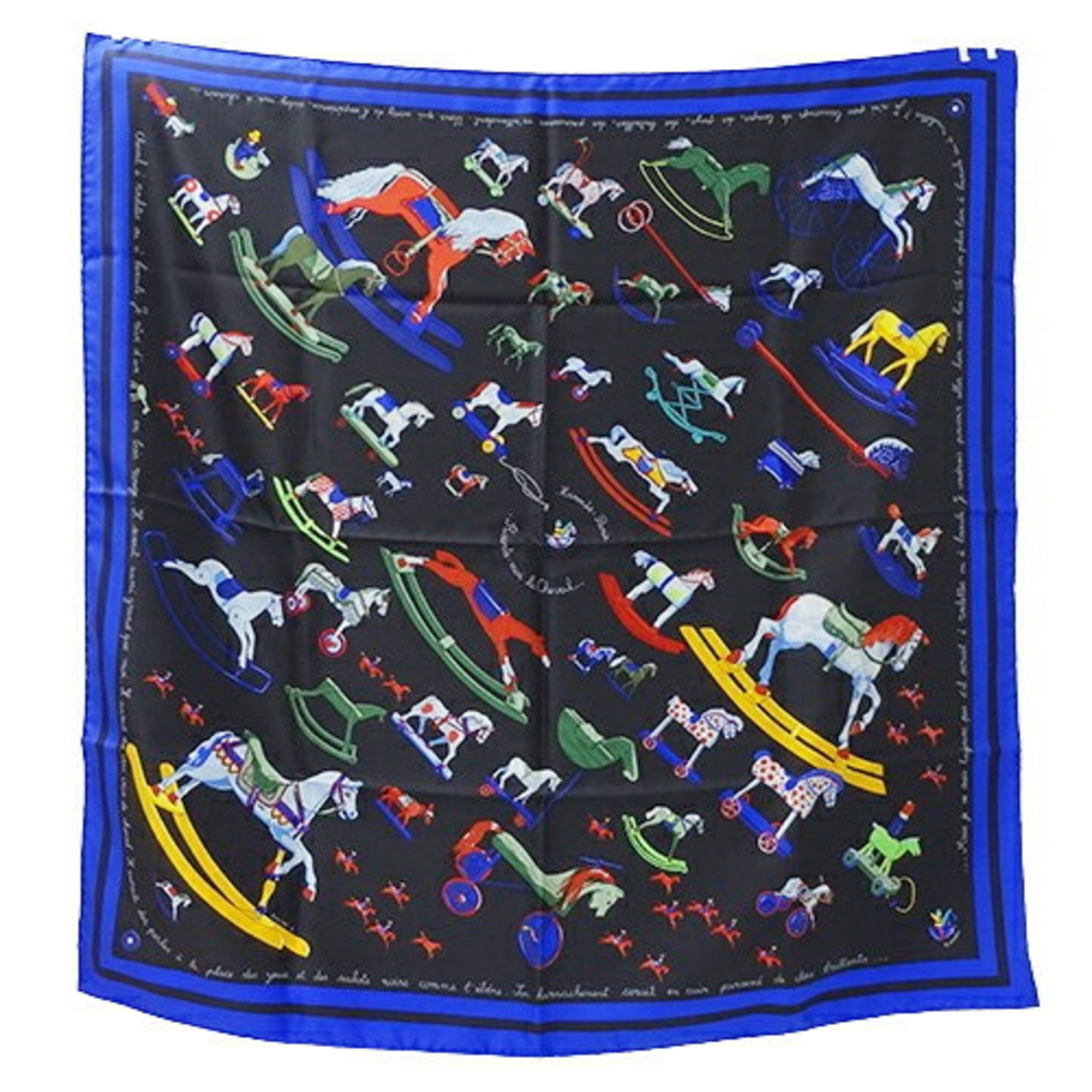 Hermes Scarf Muffler for Women Carre 90 RACONTE MOI LE CHEVAL Talking about Horses Silk Black Blue Large