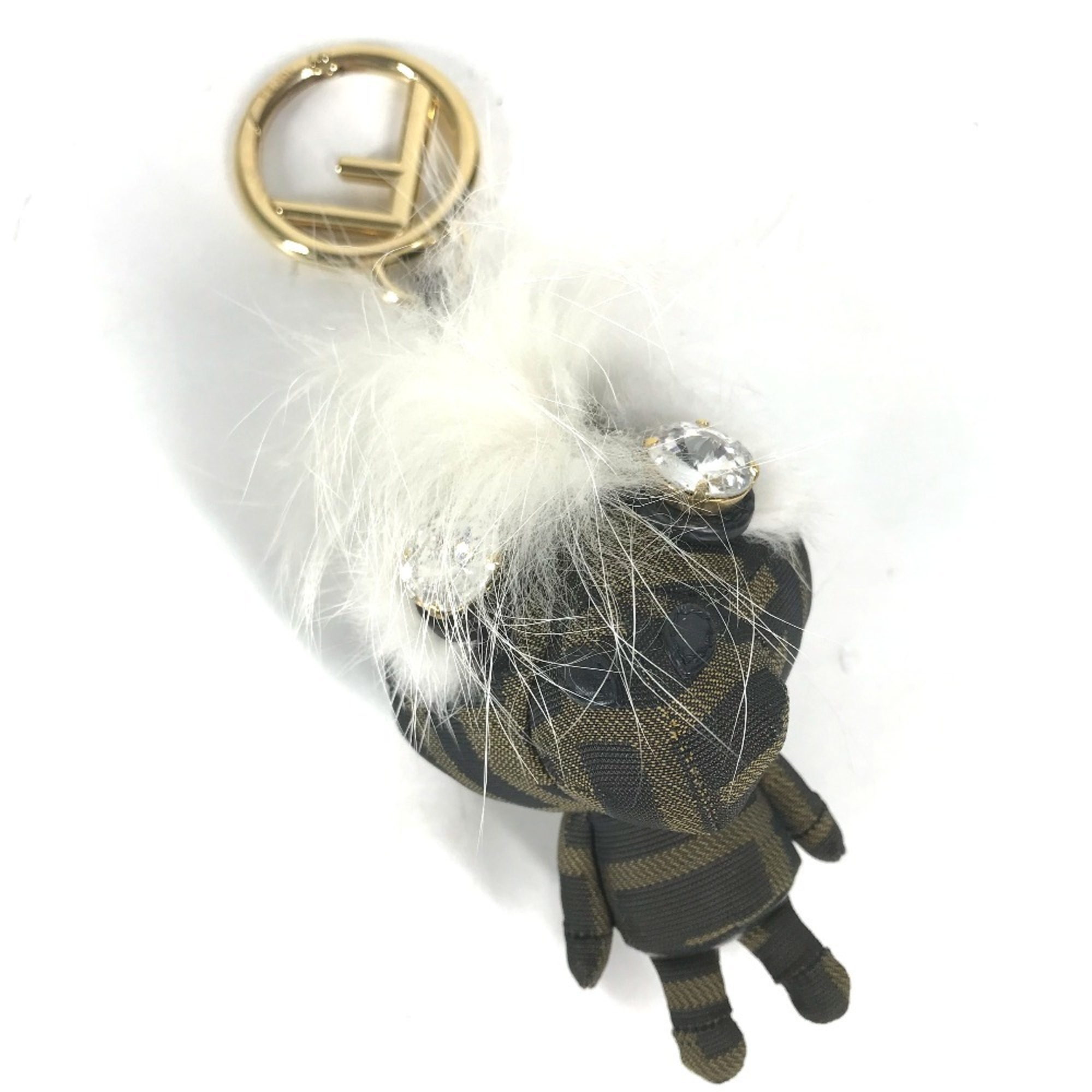 FENDI Fendi Fur Rhinestone Zucca Logo Monster Space Monkey Keychain Bag Charm Canvas Women’s Brown