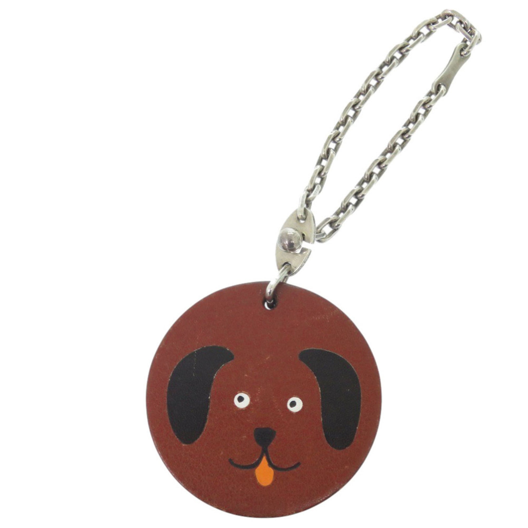 Hermes Animal Charm Dog Leather/925 Silver Brown Keychain 0161 HERMES