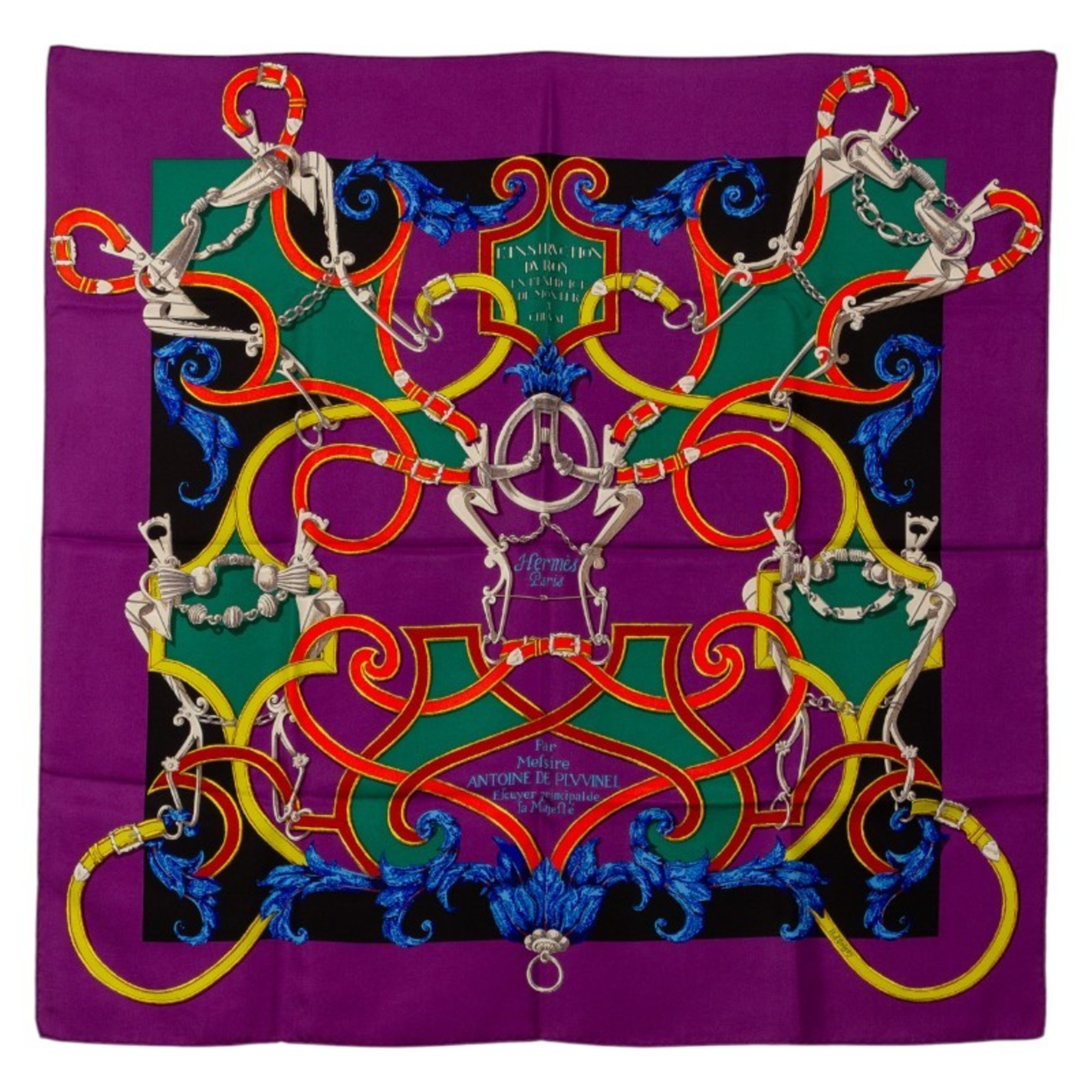 Hermes HermÃ¨s CarrÃ© 90 “L’INSTRVCTION DV ROY” Imperial Studies Scarf/Muffler in Purple Multicolor Silk for Women