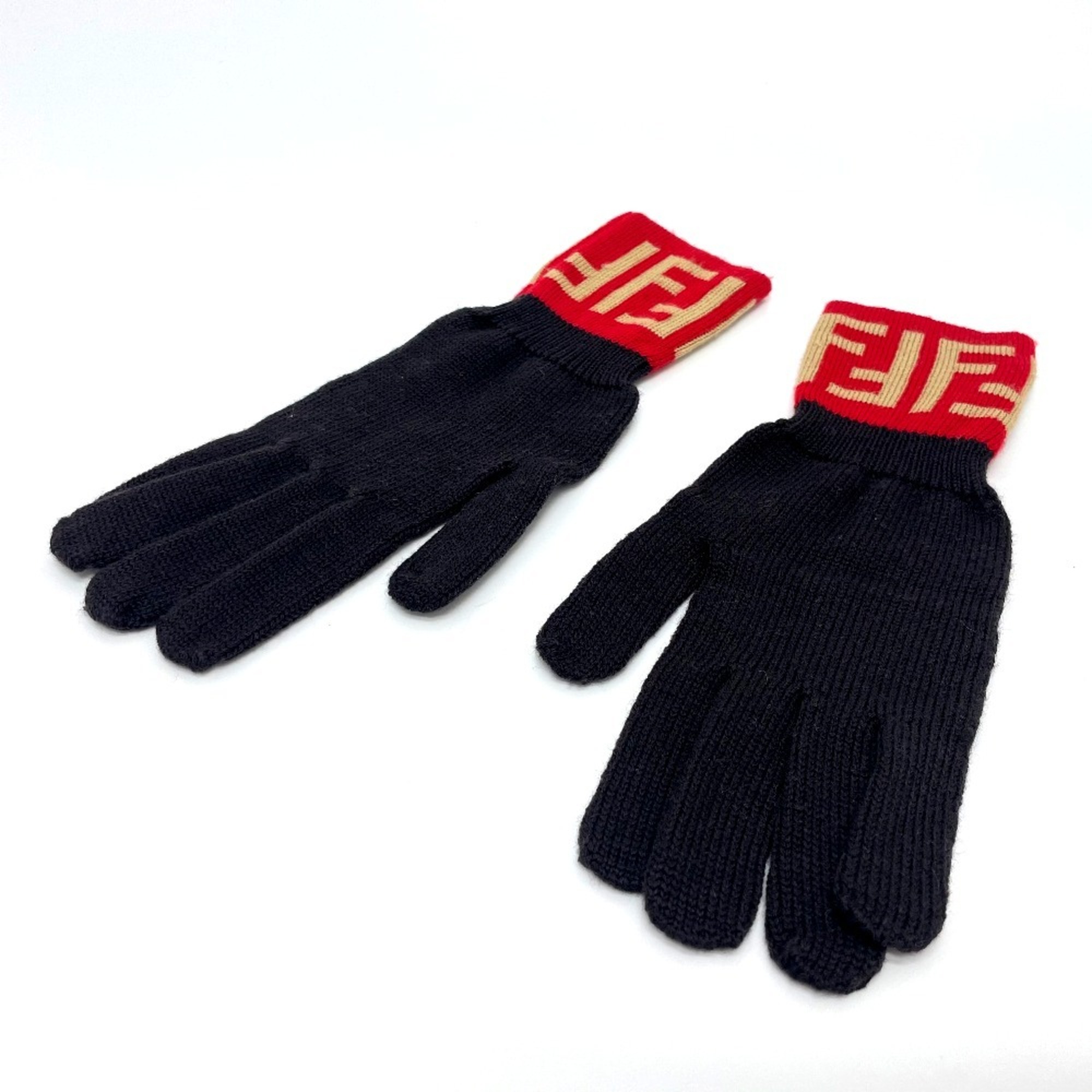 FENDI Zucca Gloves Wool Women’s Brown x Red