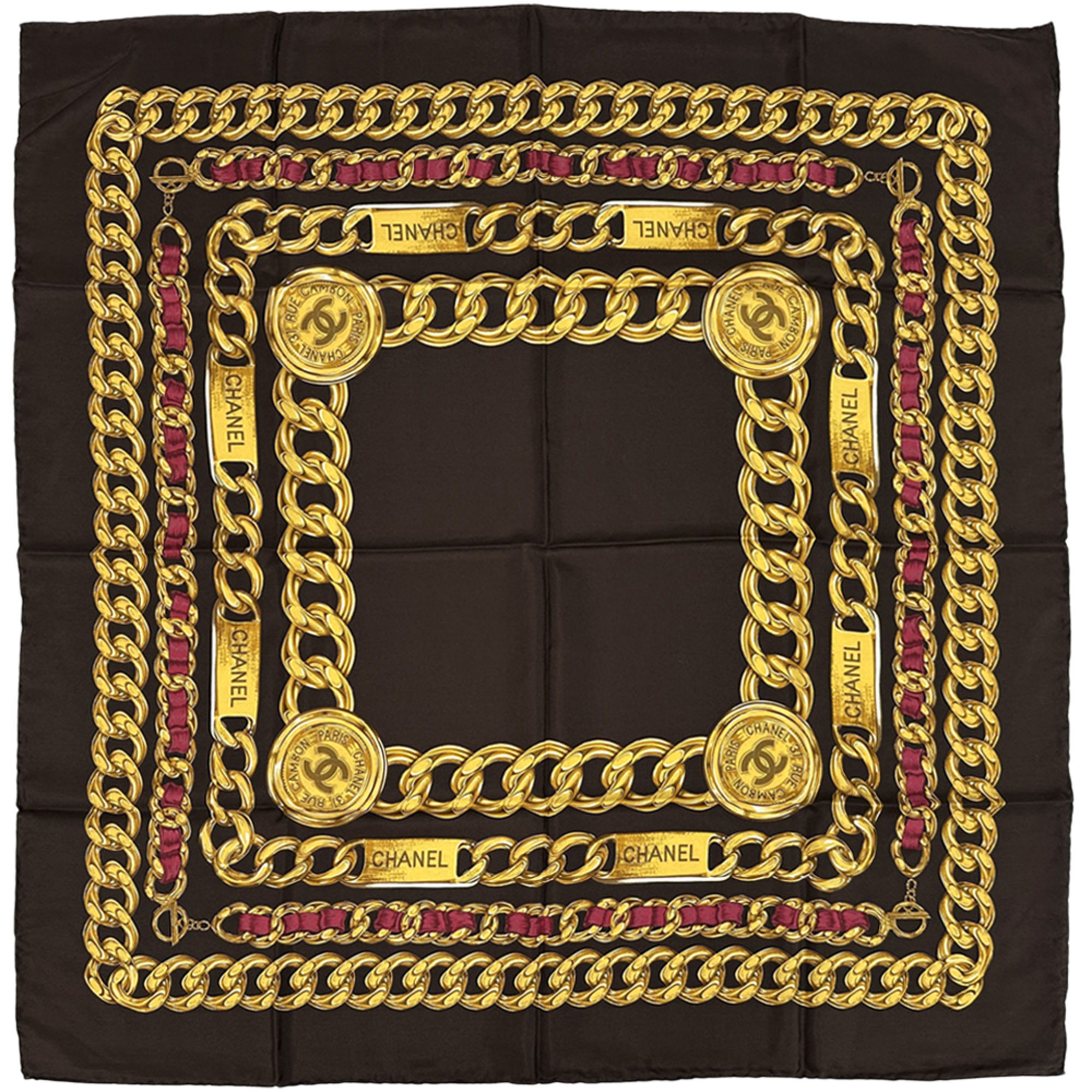 CHANEL Cambon scarf with Coco mark, women’s brand silk, brown, yellow, chain, gold, dark brown