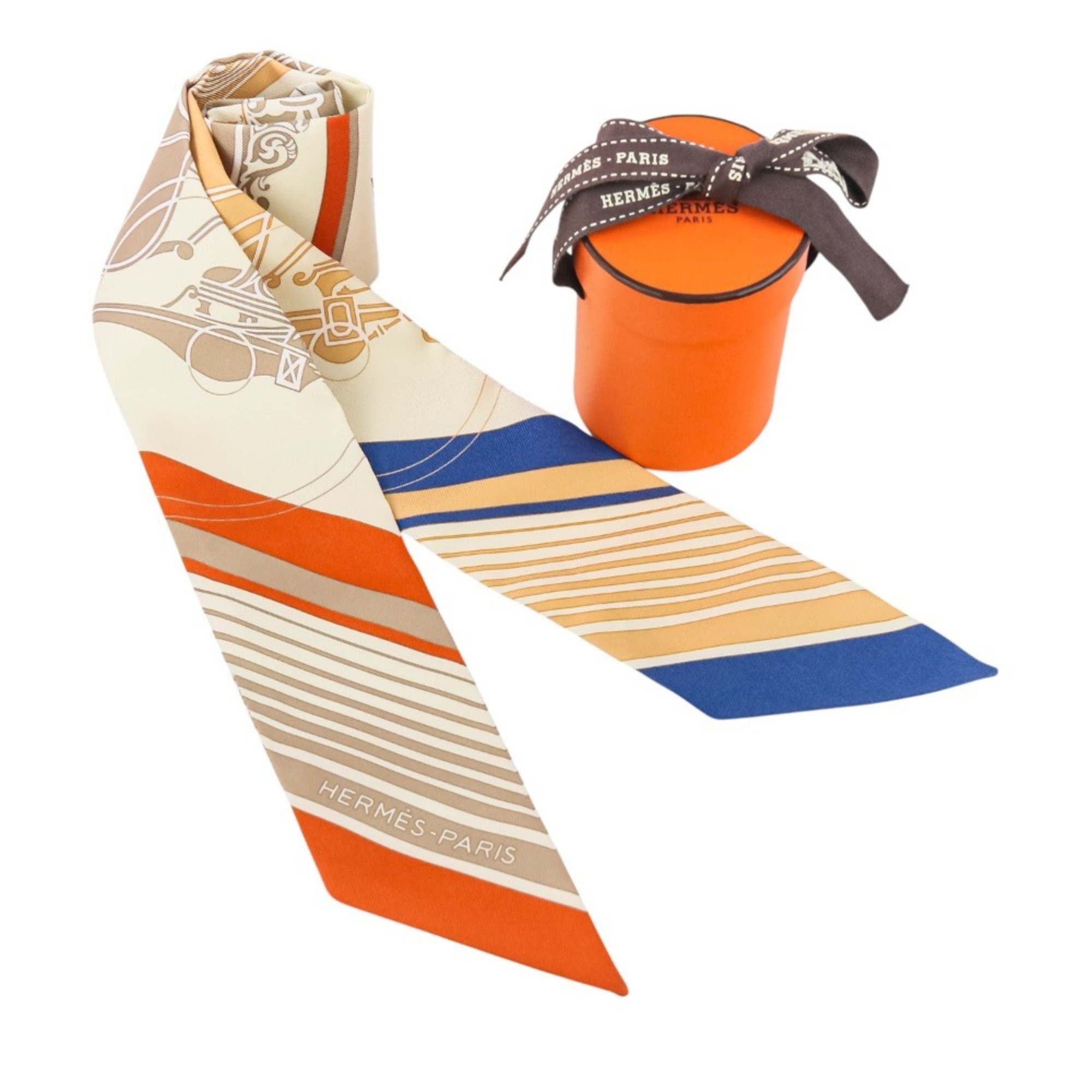 HERMES Ex-Libris Silk Twilly Scarf/Muffler in Cream, Orange, and Beige for Women