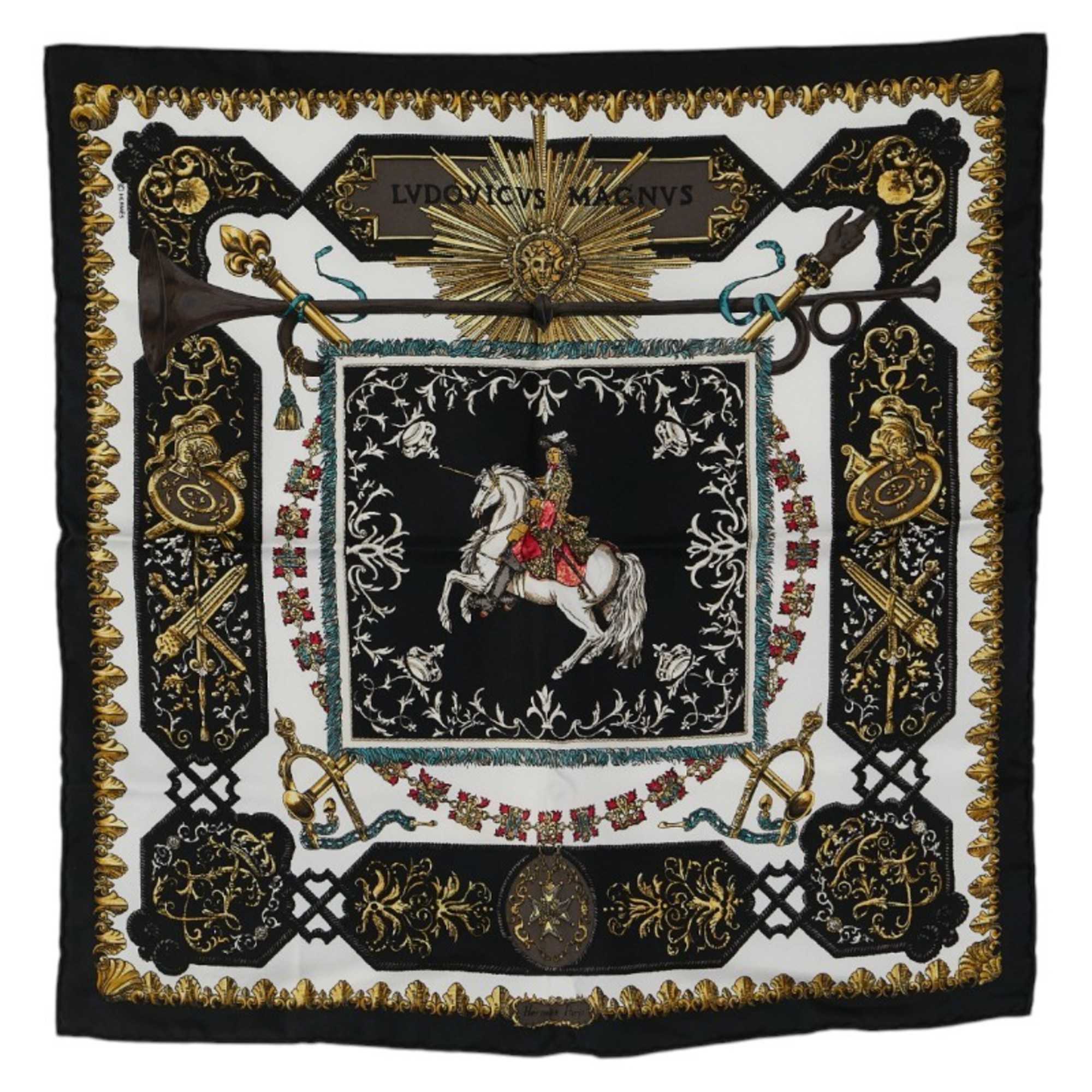 HermÃ¨s CarrÃ© 40 LVDOVICVS MAGNVS Louis XIV on a White Horse Scarf Muffler Black Multicolor Silk Women’s HERMES