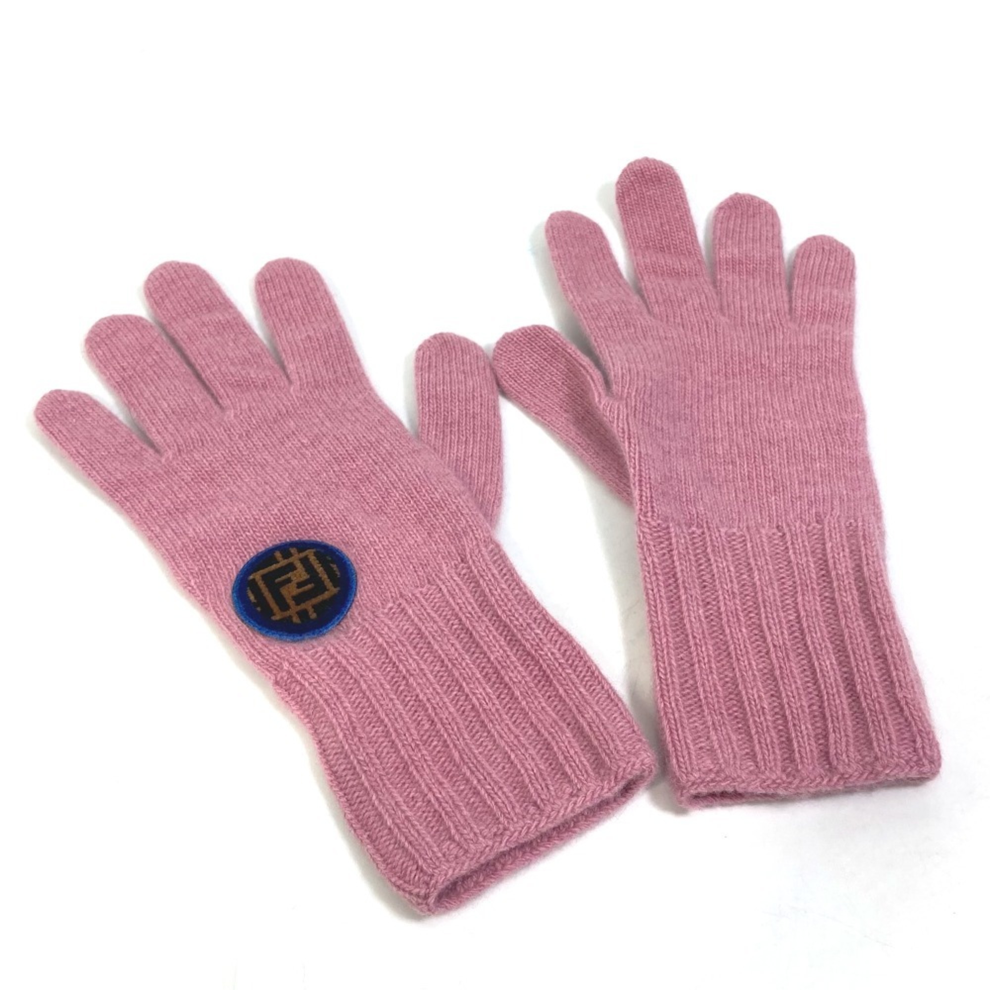 FENDI FXY554 Zucca Patch Gloves with Logo, Wool and Cashmere, Pink, Like New