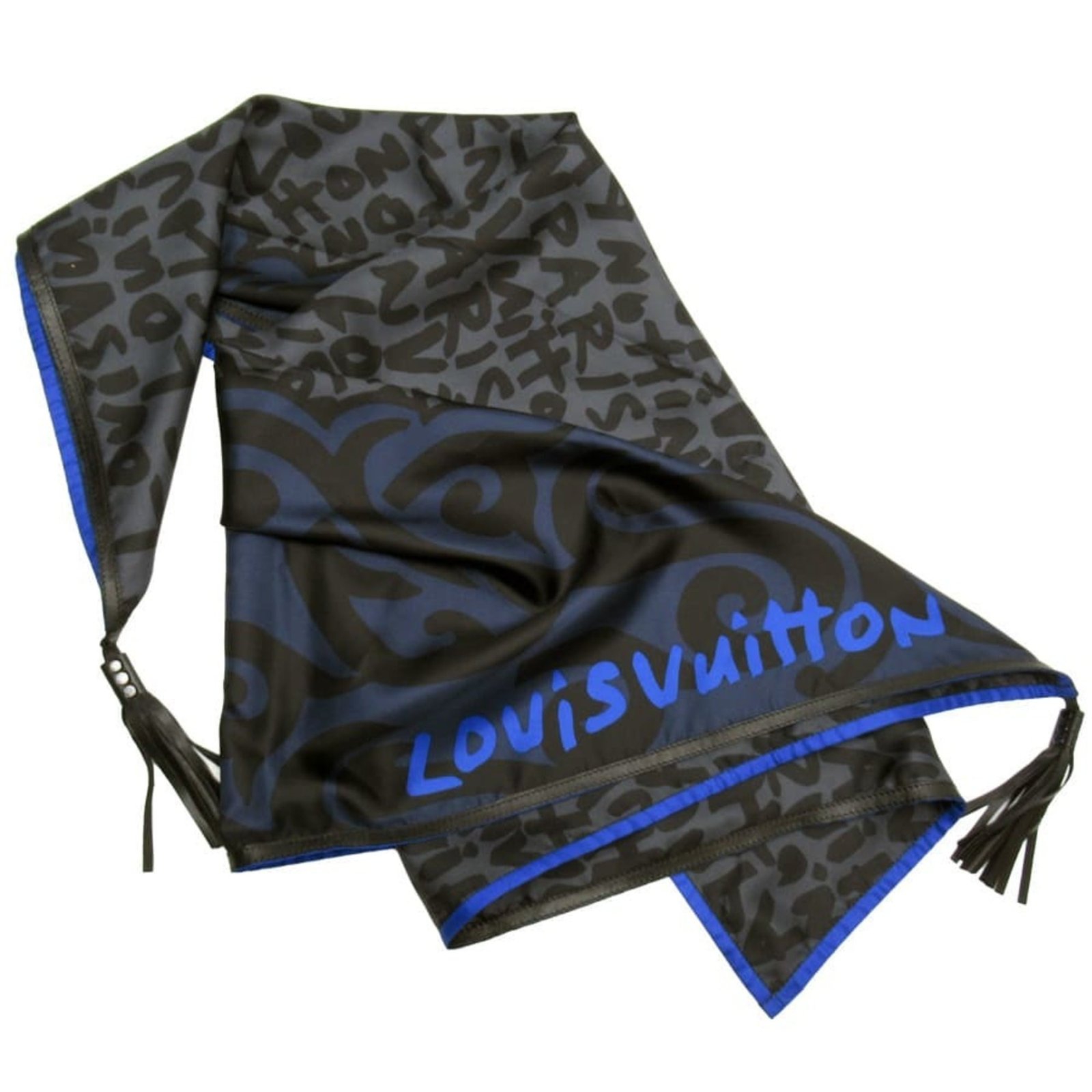 Louis Vuitton Scarf Graffiti Black x Blue 100% Silk Leather MP1345