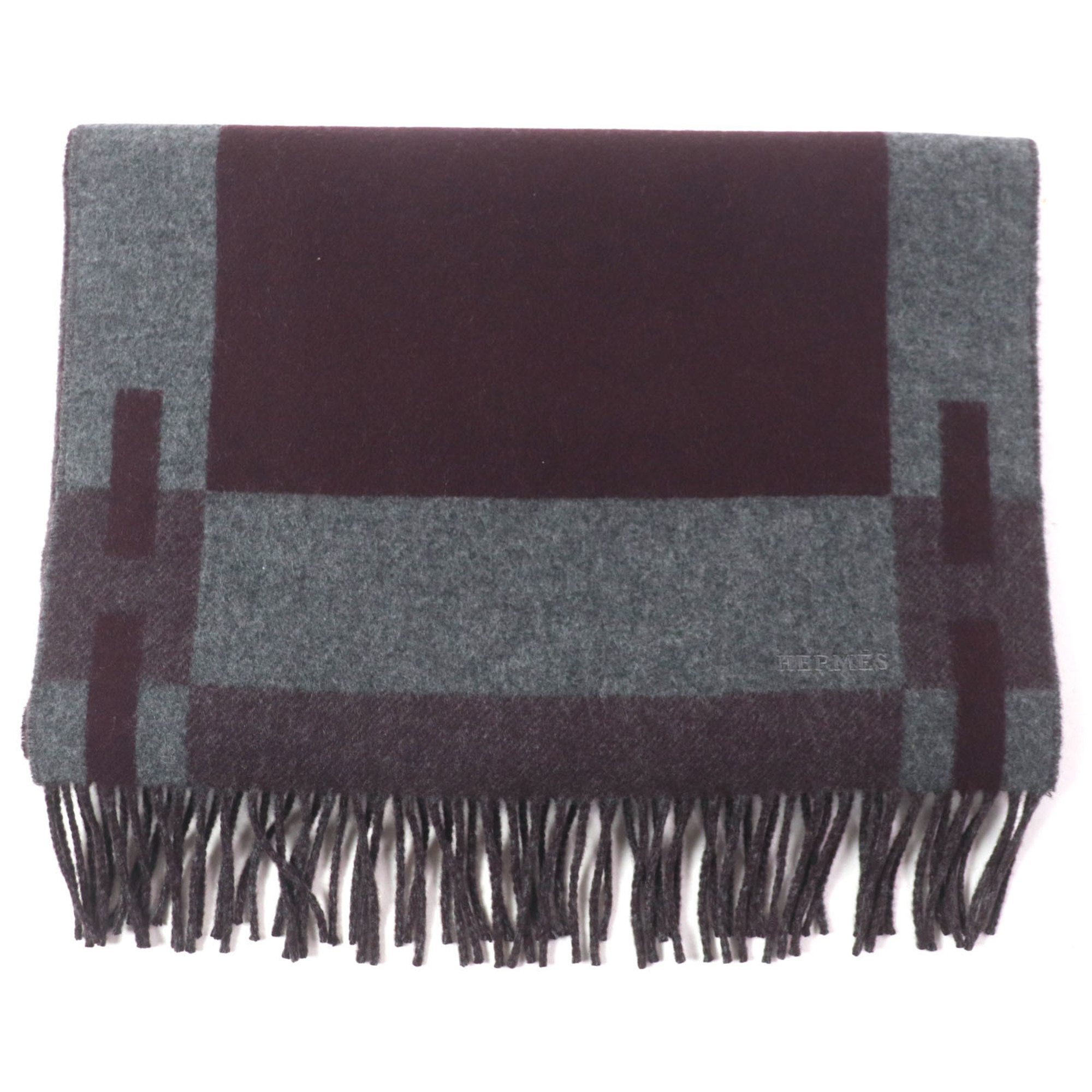 HERMES H Passant 100% Cashmere Scarf with Embroidered Logo and Fringe, Violet Grey, Made in England, Cashmere, Current Edition, Box Included
