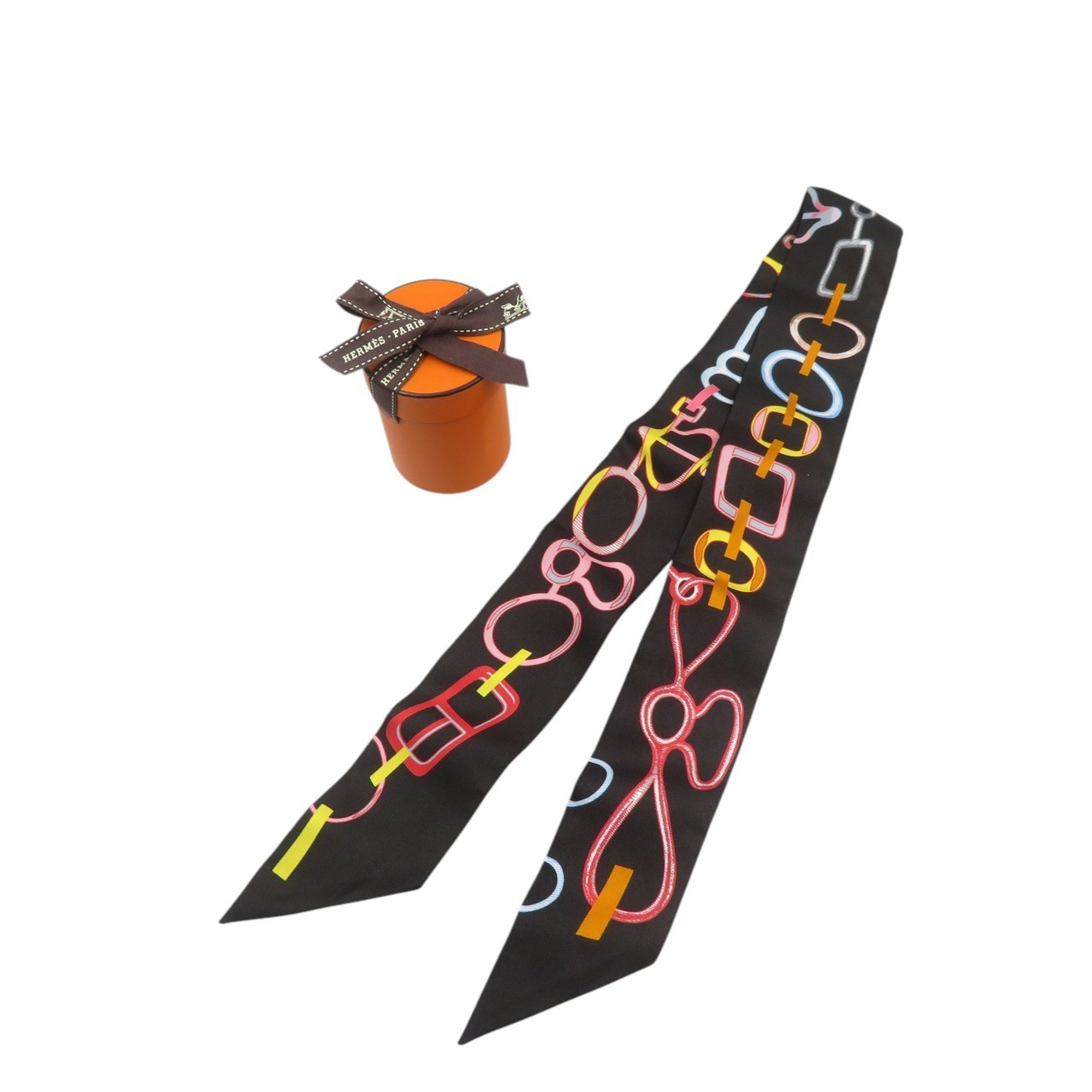 HermÃ¨s Twilly Do Re Boucles 063951S Silk Noir Rose Multicolor Black Scarf Muffler 0208-1HERMES