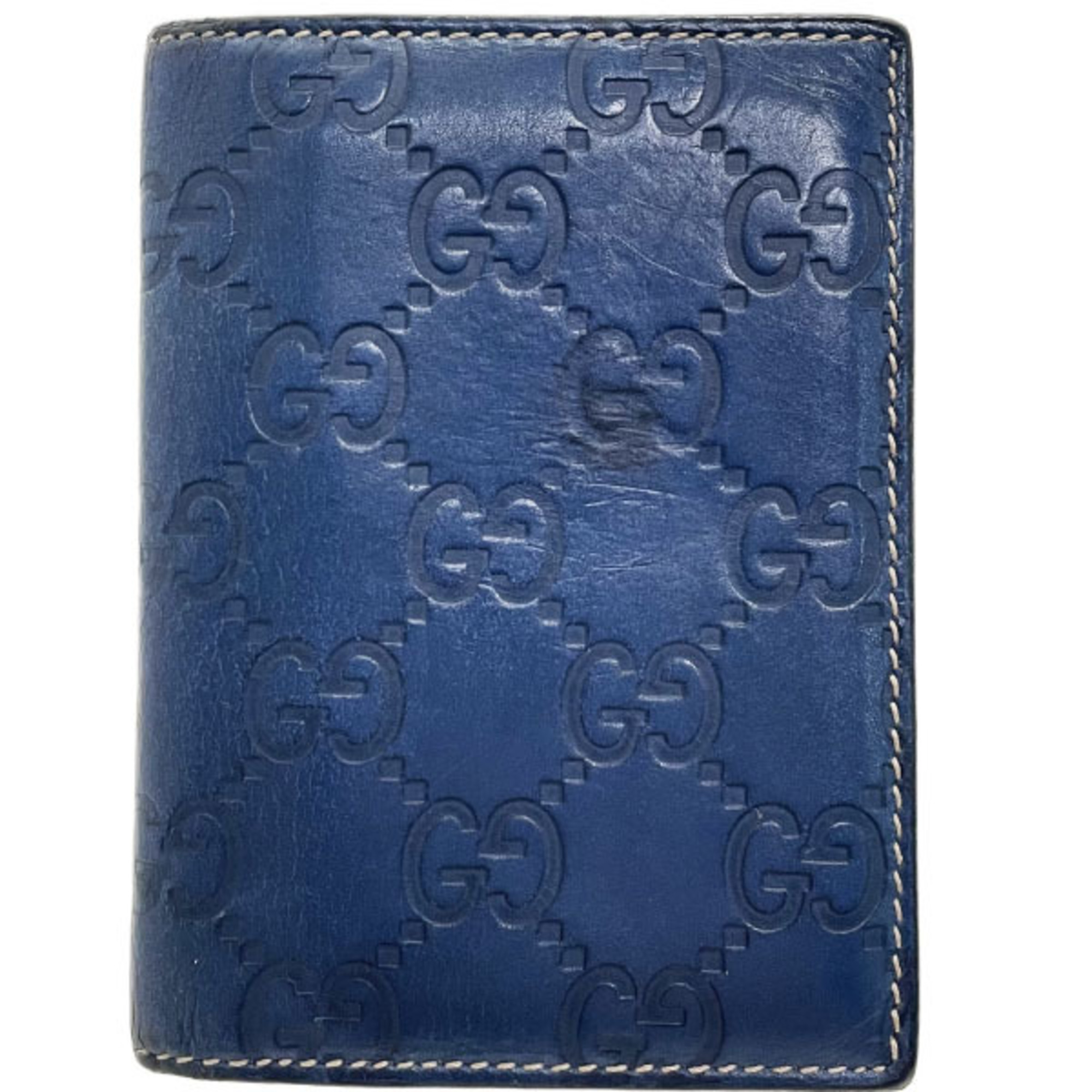 Gucci GG Shima Line Card Case, Navy Blue Leather Business Holder, 146230, GG, Guccissima IC Card, ID Pass SYN-15646